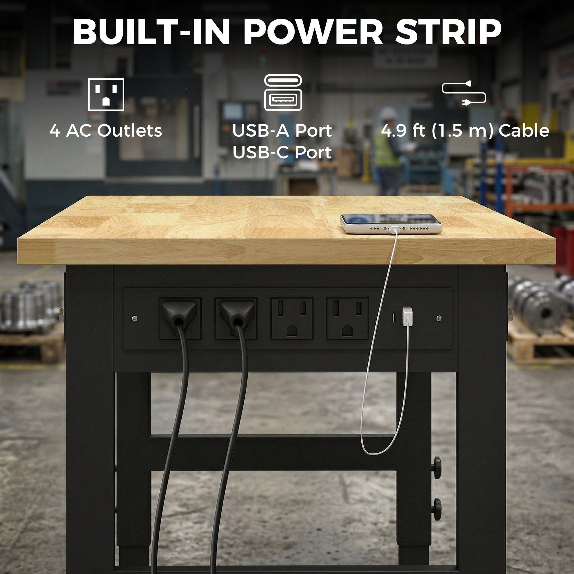 Aosom 60" Heavy Duty Workbench - 2000 lbs Capacity Rubberwood Top-Home Improvement > Tools > Tool Organizers-DECOROLALA