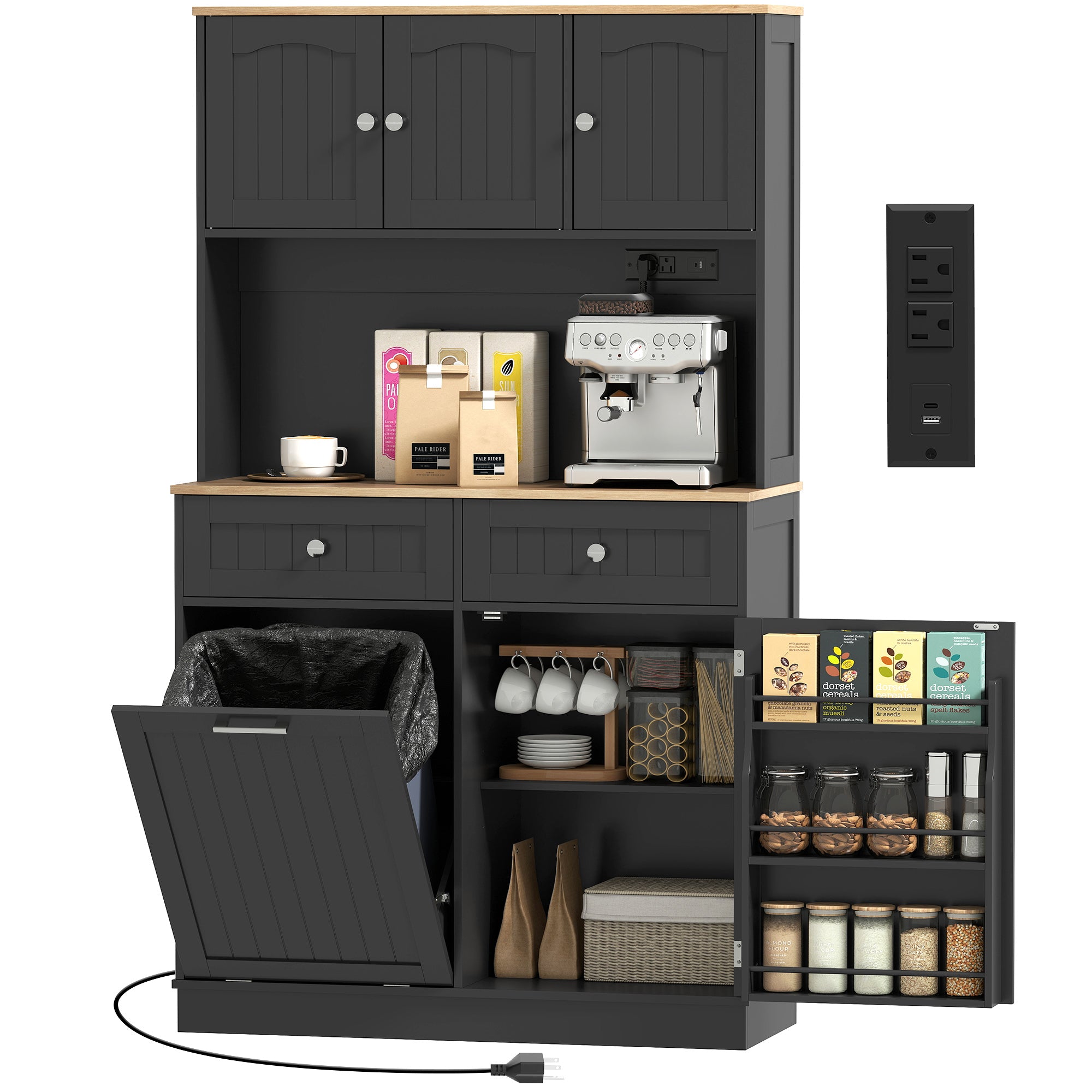 Aosom 68" Pantry Cabinet - Black, Charging Station, Microwave Stand, 10-Gallon Trash Can-DECOROLALA