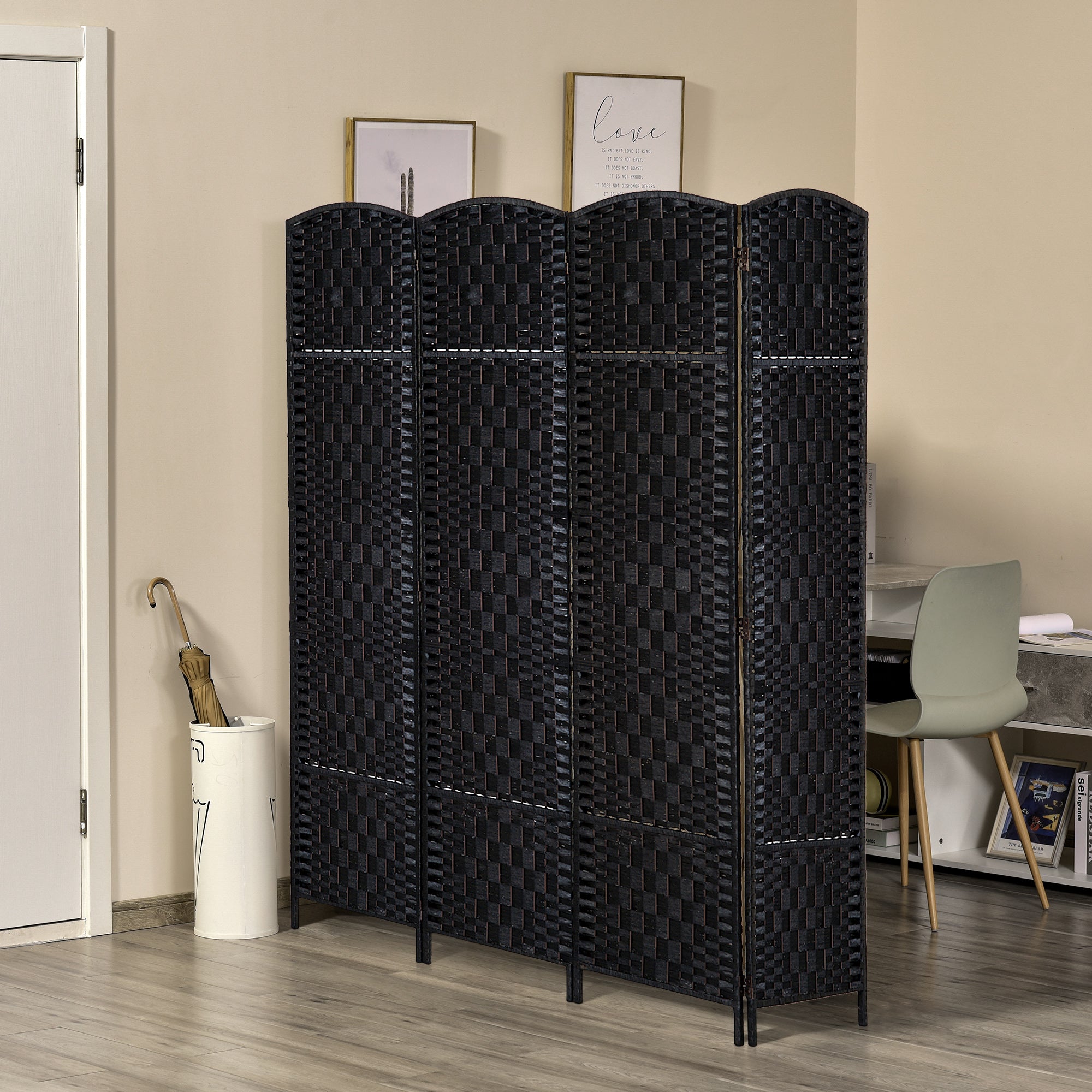 Aosom 6ft Folding Room Divider - 4 Panel Woven Privacy Screen, Black-Home Furnishings > Living Room Furniture > Room Dividers-DECOROLALA