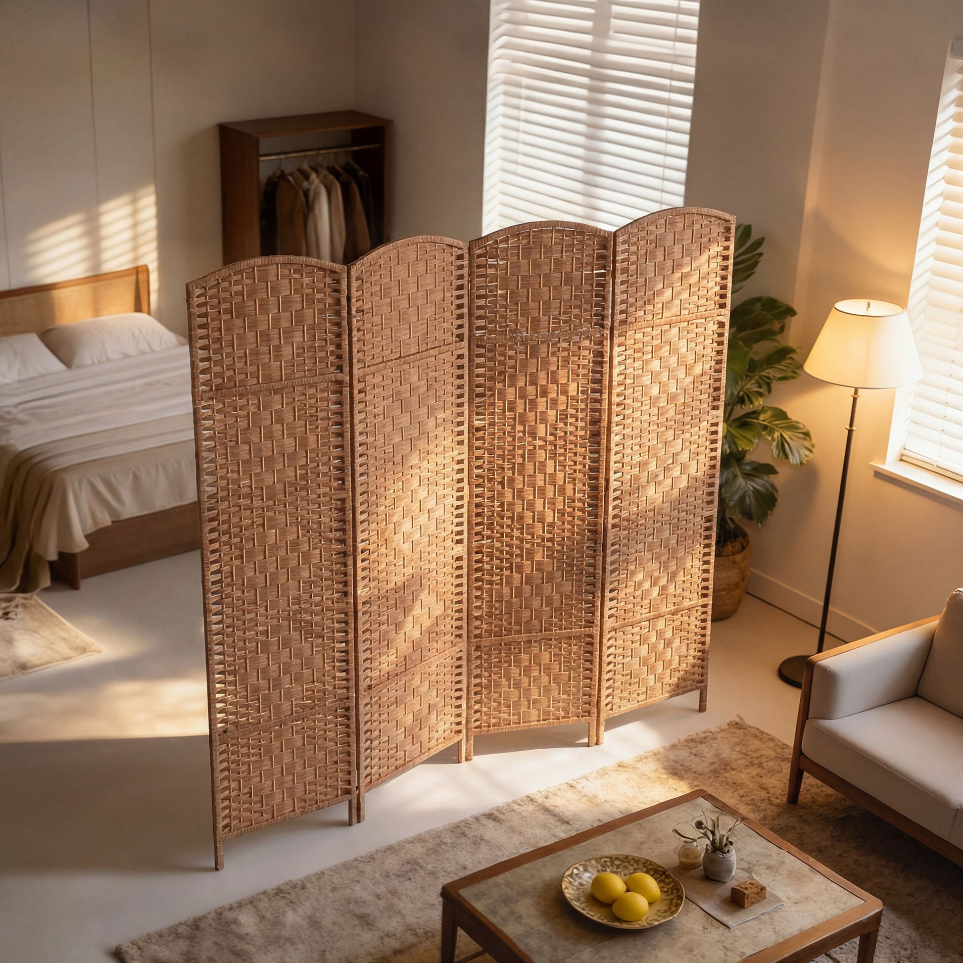 Aosom 6ft Folding Room Divider - 4 Panel Woven Wood Screen, Natural-Home Furnishings > Living Room Furniture > Room Dividers-DECOROLALA