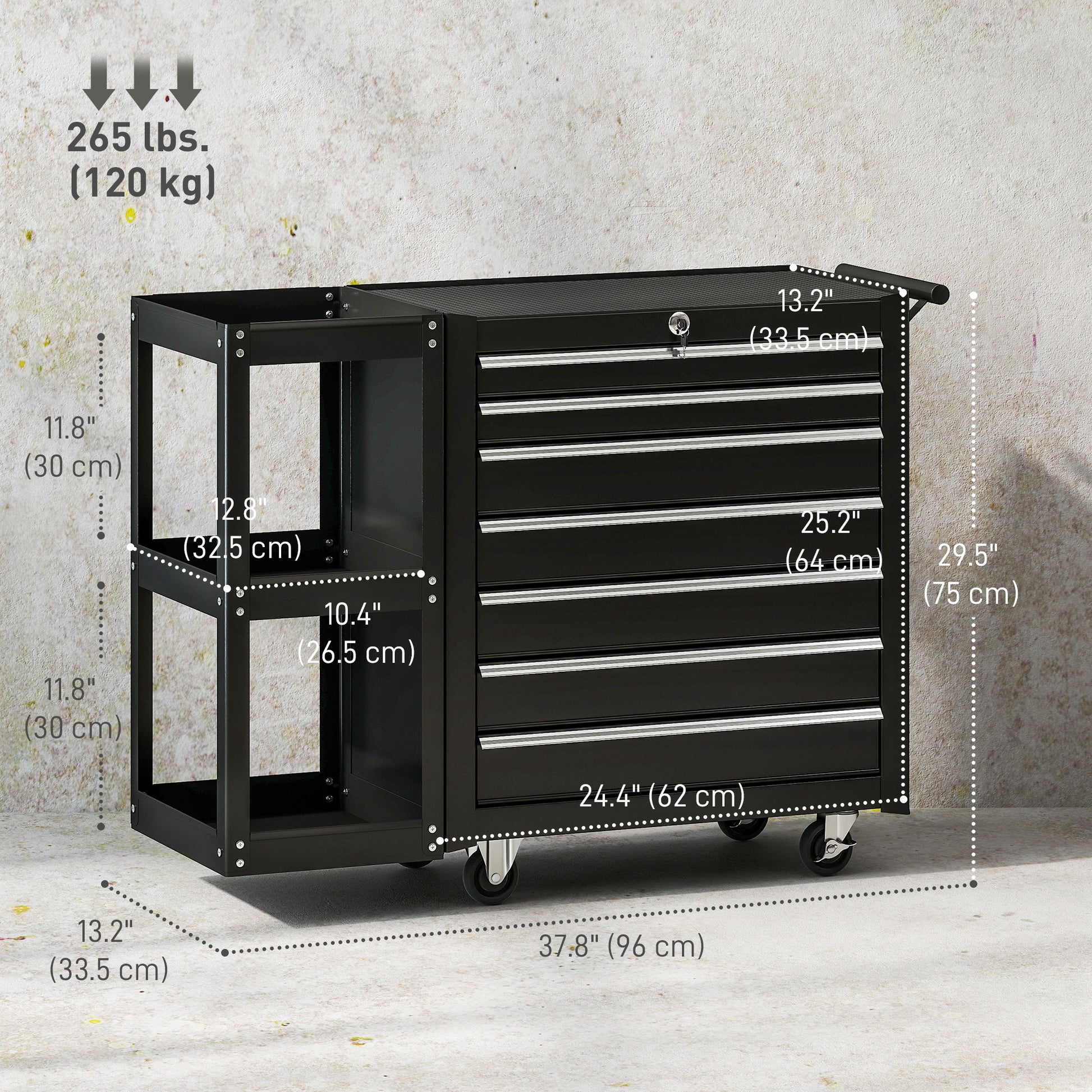 Aosom 7-Drawer Rolling Tool Chest with Side Shelf - Black Steel-Home Improvement > Tools > Tool Organizers-DECOROLALA