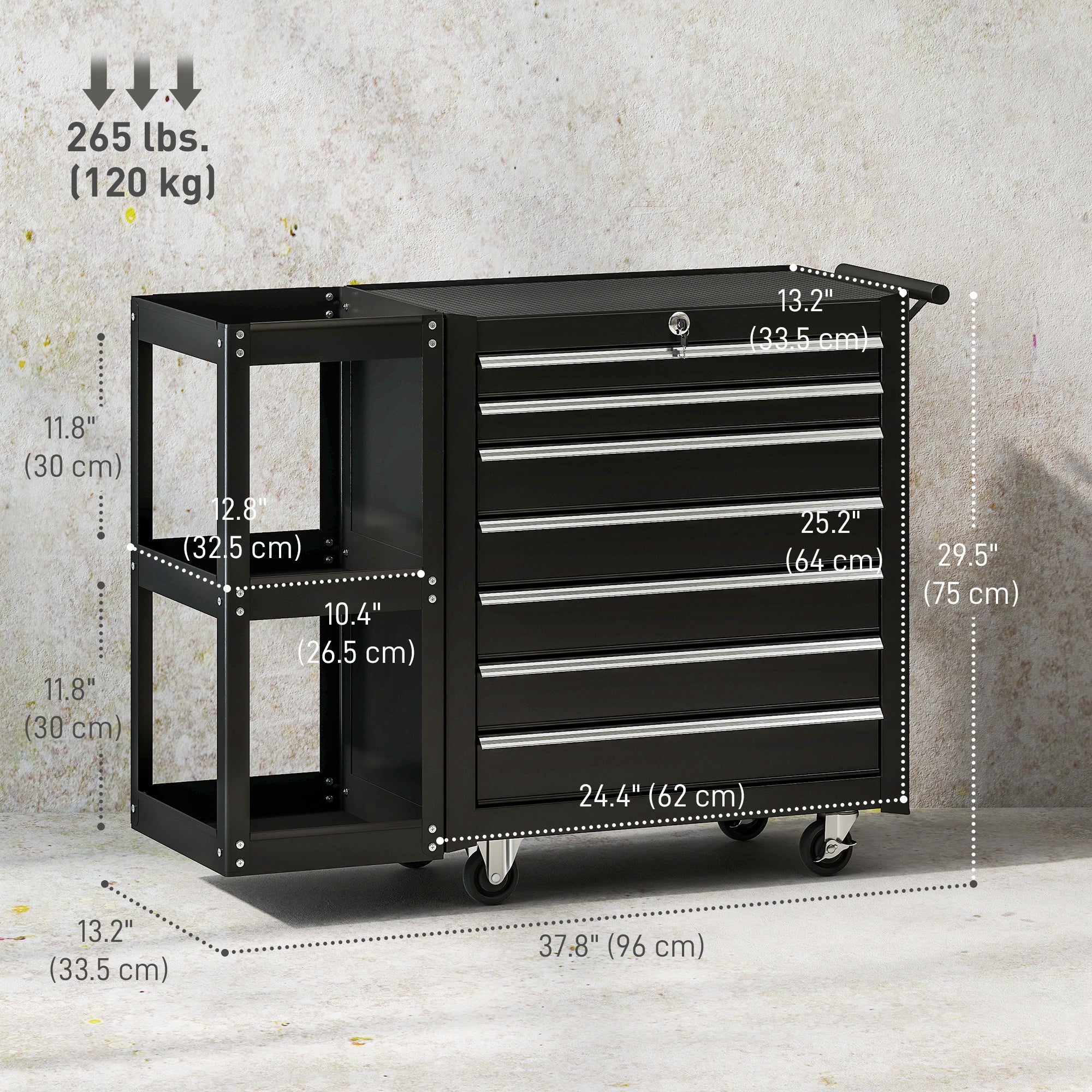 Aosom 7-Drawer Rolling Tool Chest with Side Shelf - Black Steel-Home Improvement > Tools > Tool Organizers-DECOROLALA
