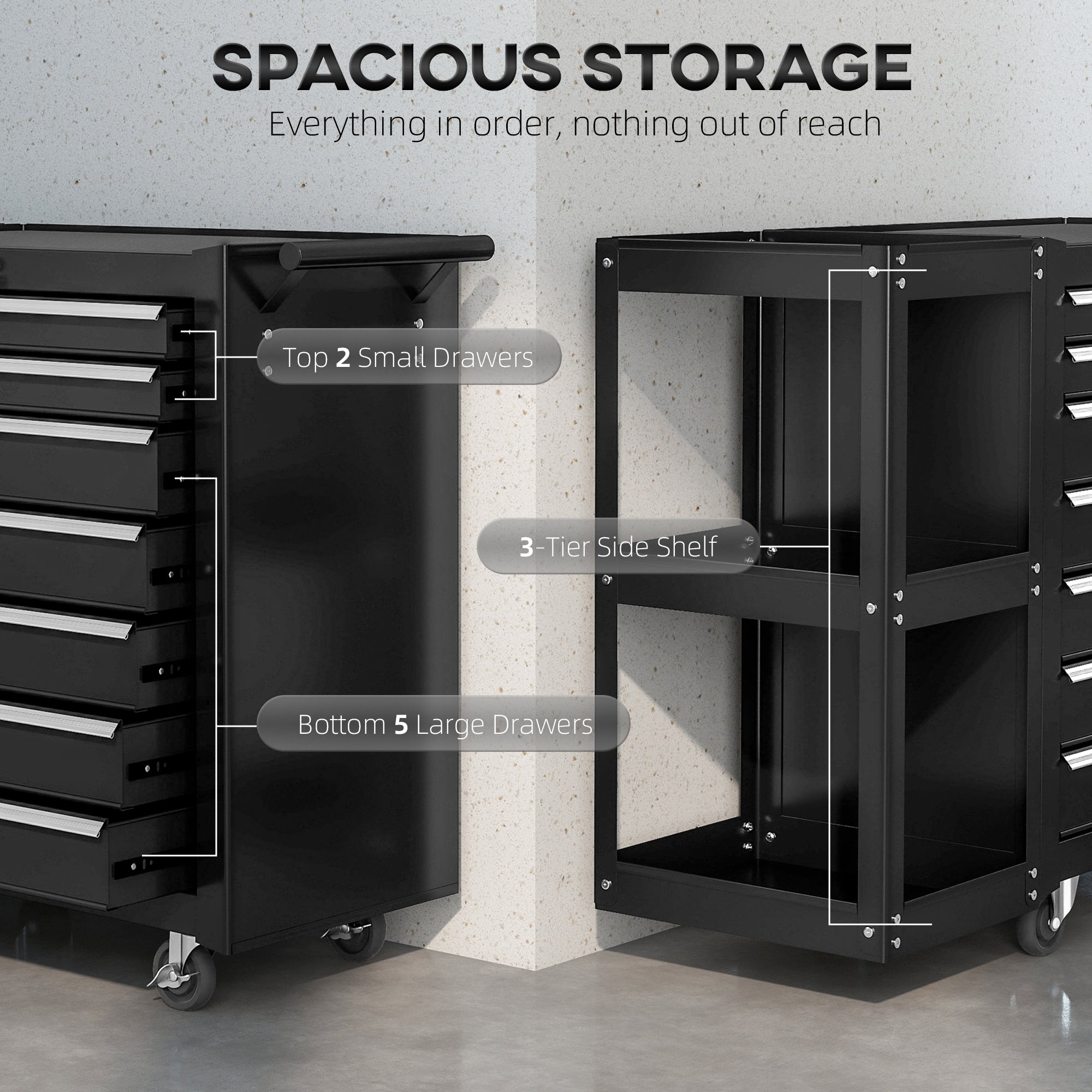 Aosom 7-Drawer Rolling Tool Chest with Side Shelf - Black Steel-Home Improvement > Tools > Tool Organizers-DECOROLALA