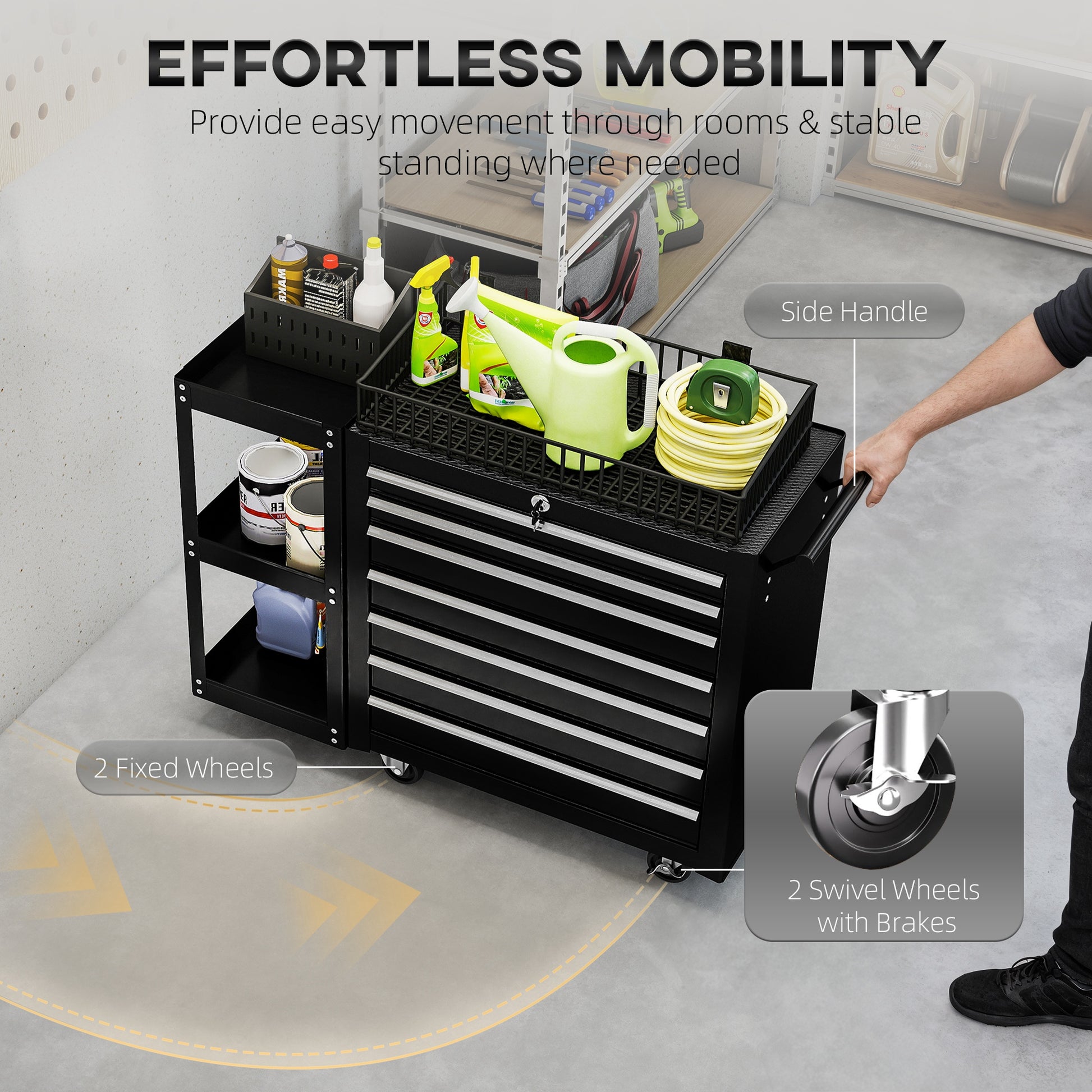 Aosom 7-Drawer Rolling Tool Chest with Side Shelf - Black Steel-Home Improvement > Tools > Tool Organizers-DECOROLALA