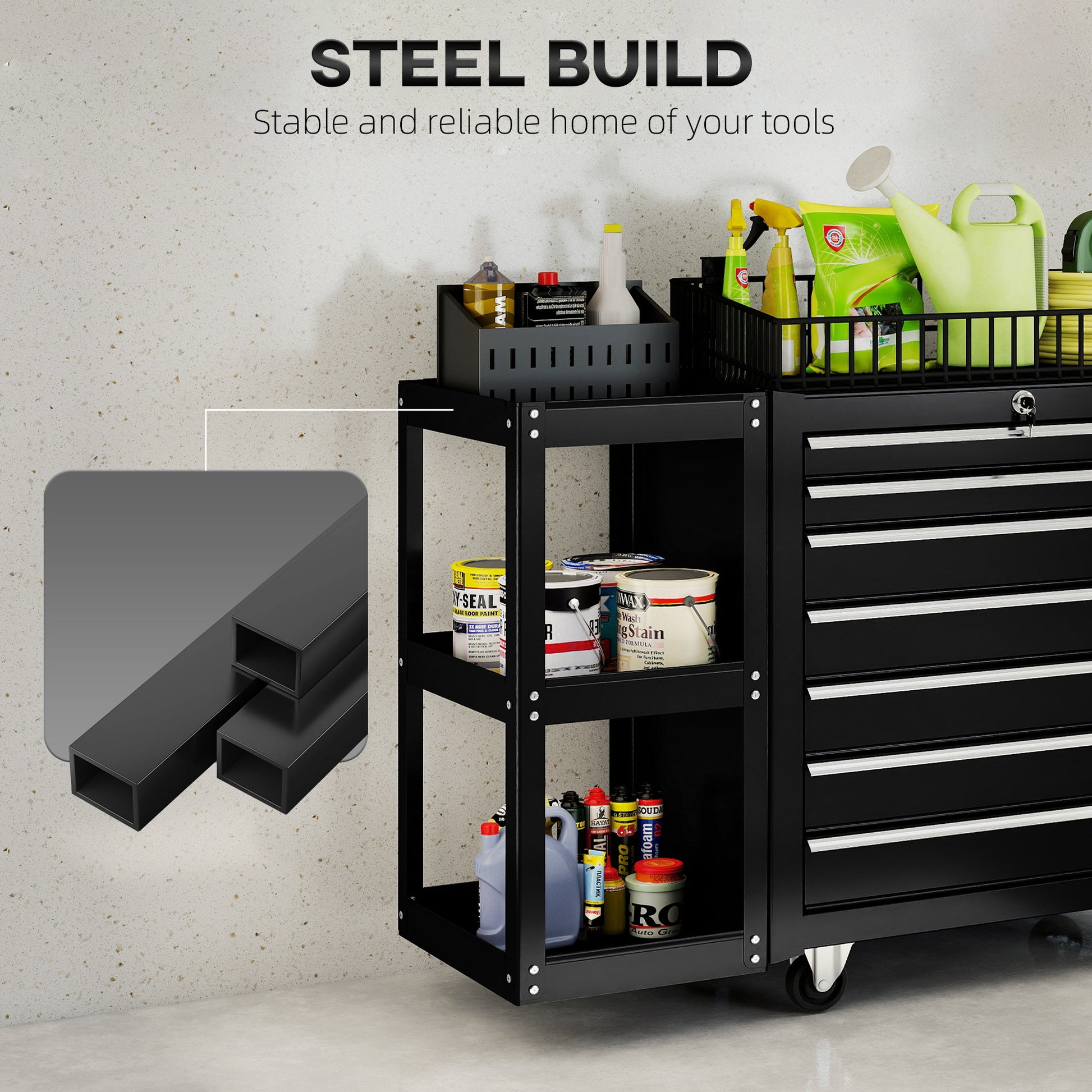 Aosom 7-Drawer Rolling Tool Chest with Side Shelf - Black Steel-Home Improvement > Tools > Tool Organizers-DECOROLALA