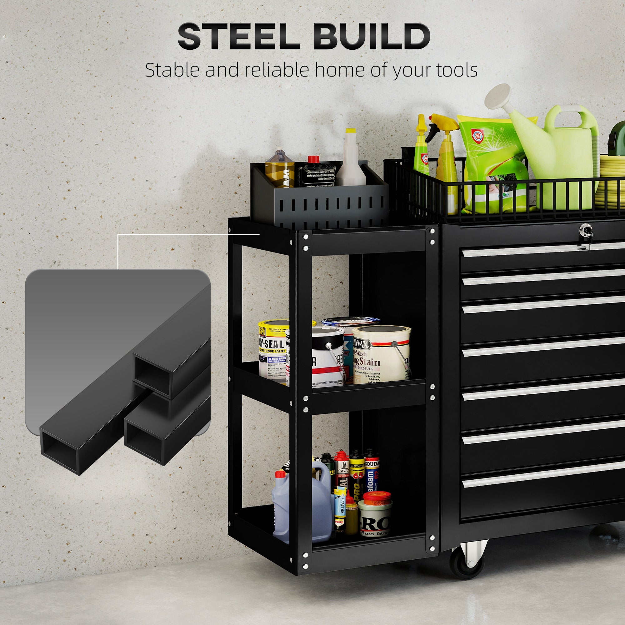 Aosom 7-Drawer Rolling Tool Chest with Side Shelf - Black Steel-Home Improvement > Tools > Tool Organizers-DECOROLALA