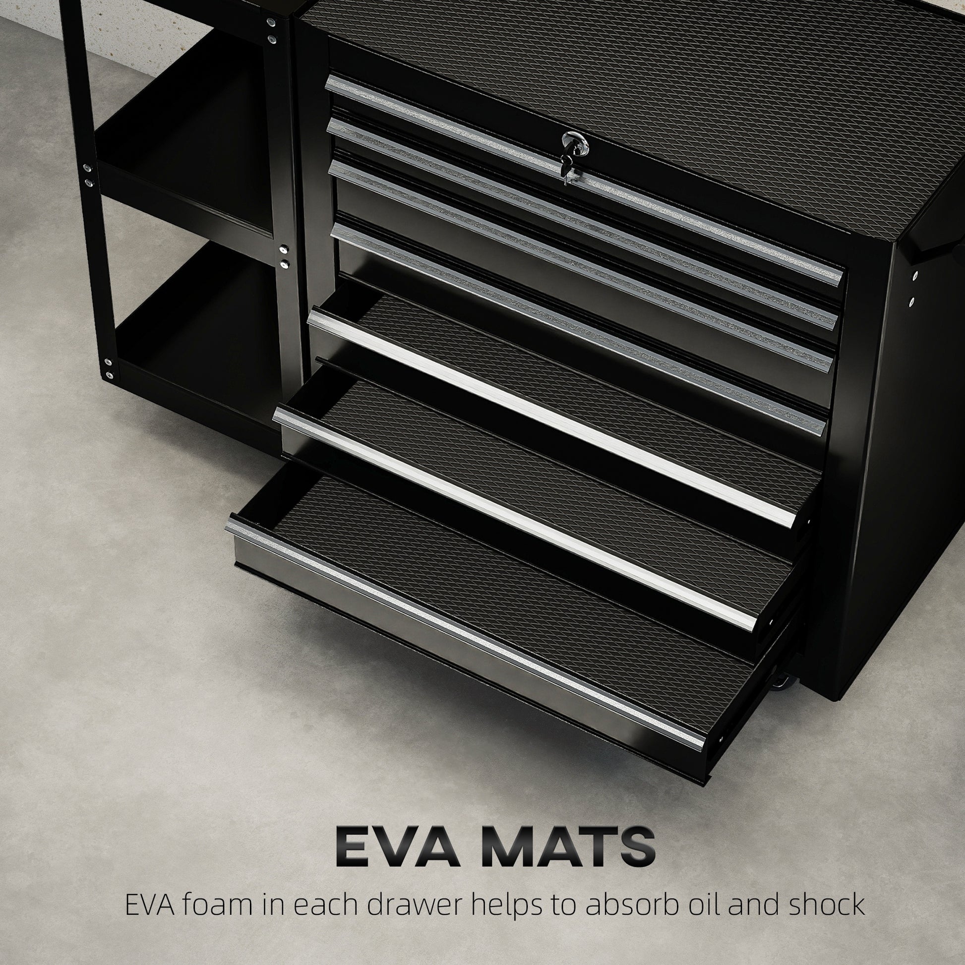 Aosom 7-Drawer Rolling Tool Chest with Side Shelf - Black Steel-Home Improvement > Tools > Tool Organizers-DECOROLALA