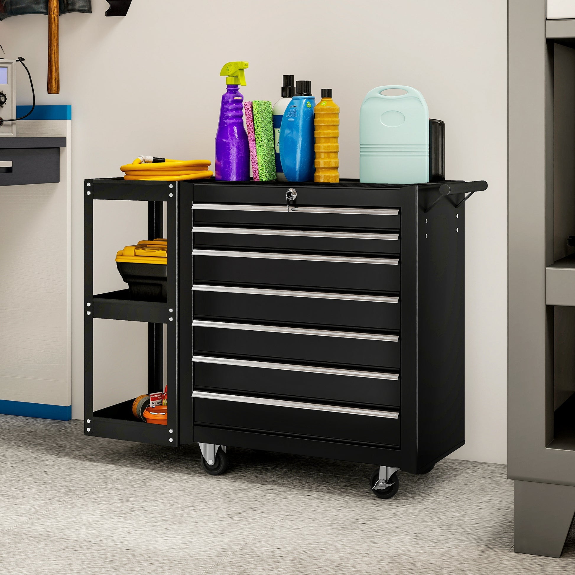 Aosom 7-Drawer Rolling Tool Chest with Side Shelf - Black Steel-Home Improvement > Tools > Tool Organizers-DECOROLALA