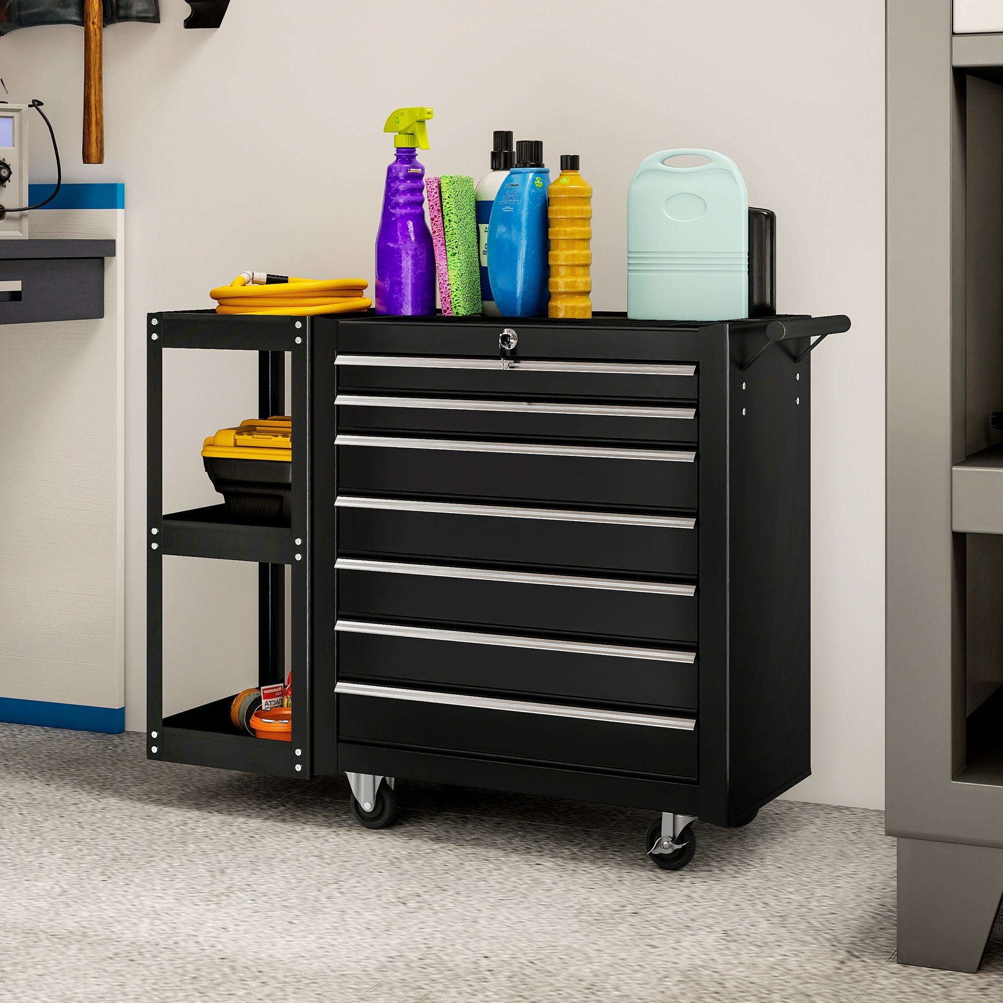 Aosom 7-Drawer Rolling Tool Chest with Side Shelf - Black Steel-Home Improvement > Tools > Tool Organizers-DECOROLALA