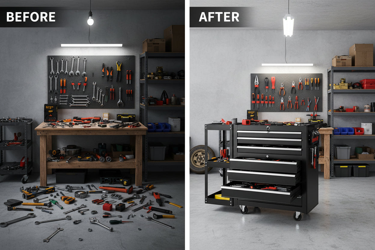 Aosom 7-Drawer Rolling Tool Chest with Side Shelf - Black Steel-Home Improvement > Tools > Tool Organizers-DECOROLALA