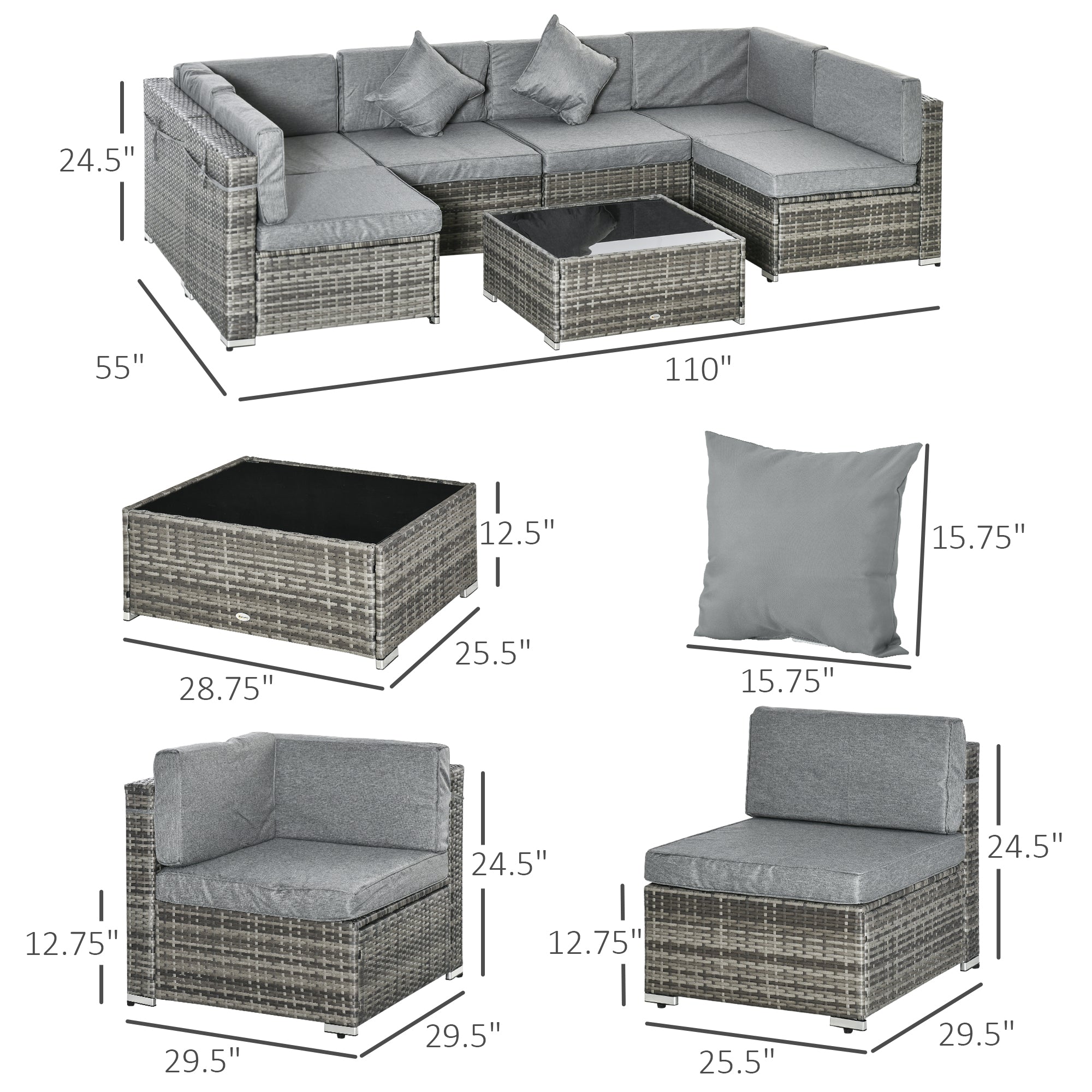 Aosom 7 Pc Outdoor Furniture Set PE Rattan Grey-DECOROLALA