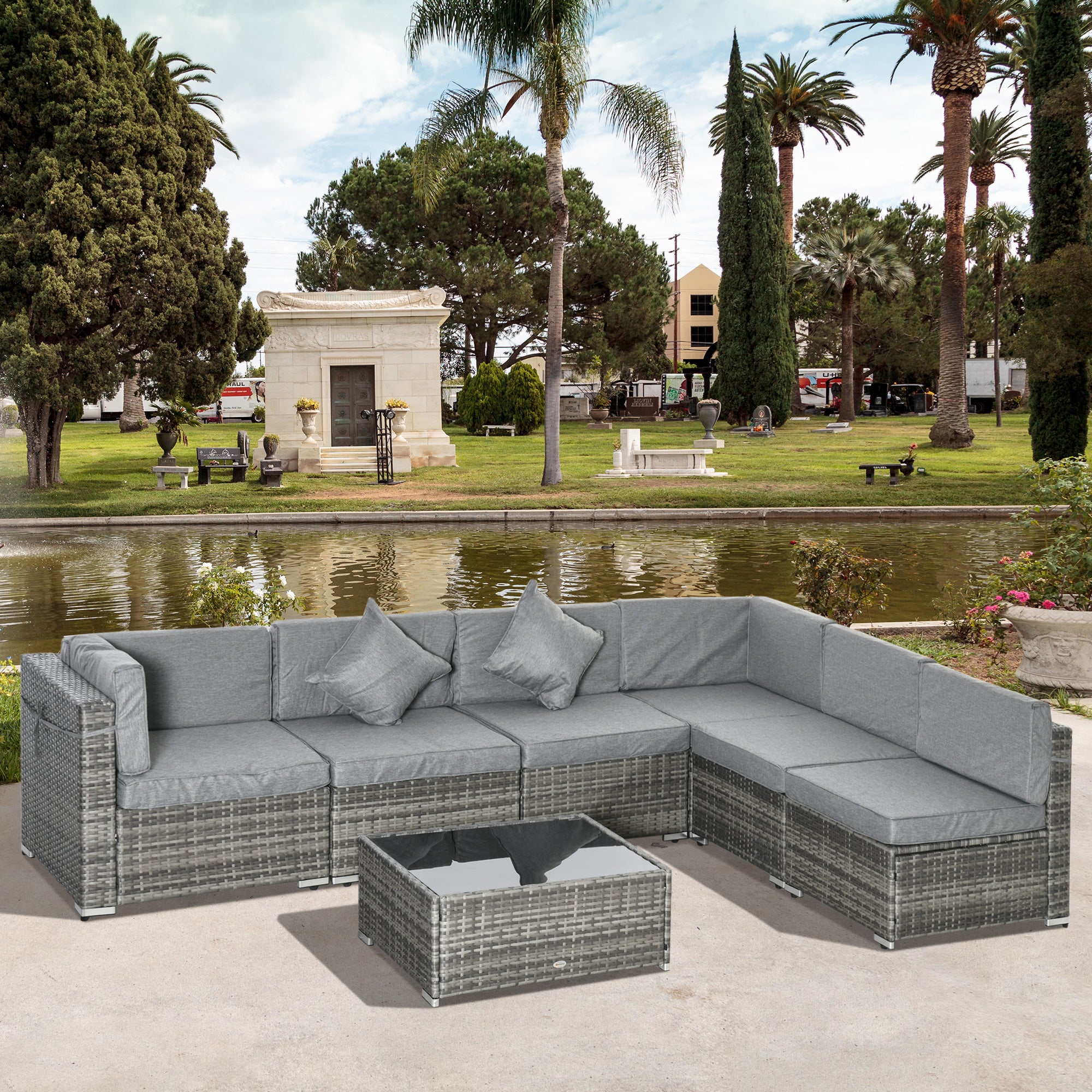 Aosom 7 Pc Outdoor Furniture Set PE Rattan Grey-DECOROLALA