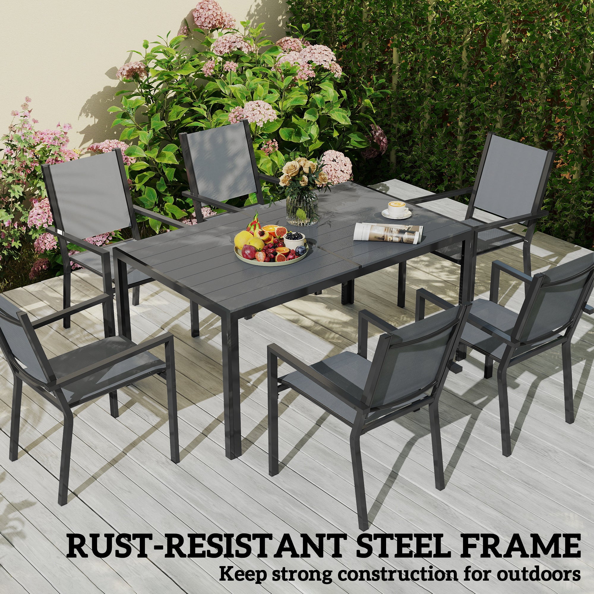 Aosom 7 Piece Outdoor Dining Set - 59" Table & 6 Stackable Chairs-DECOROLALA