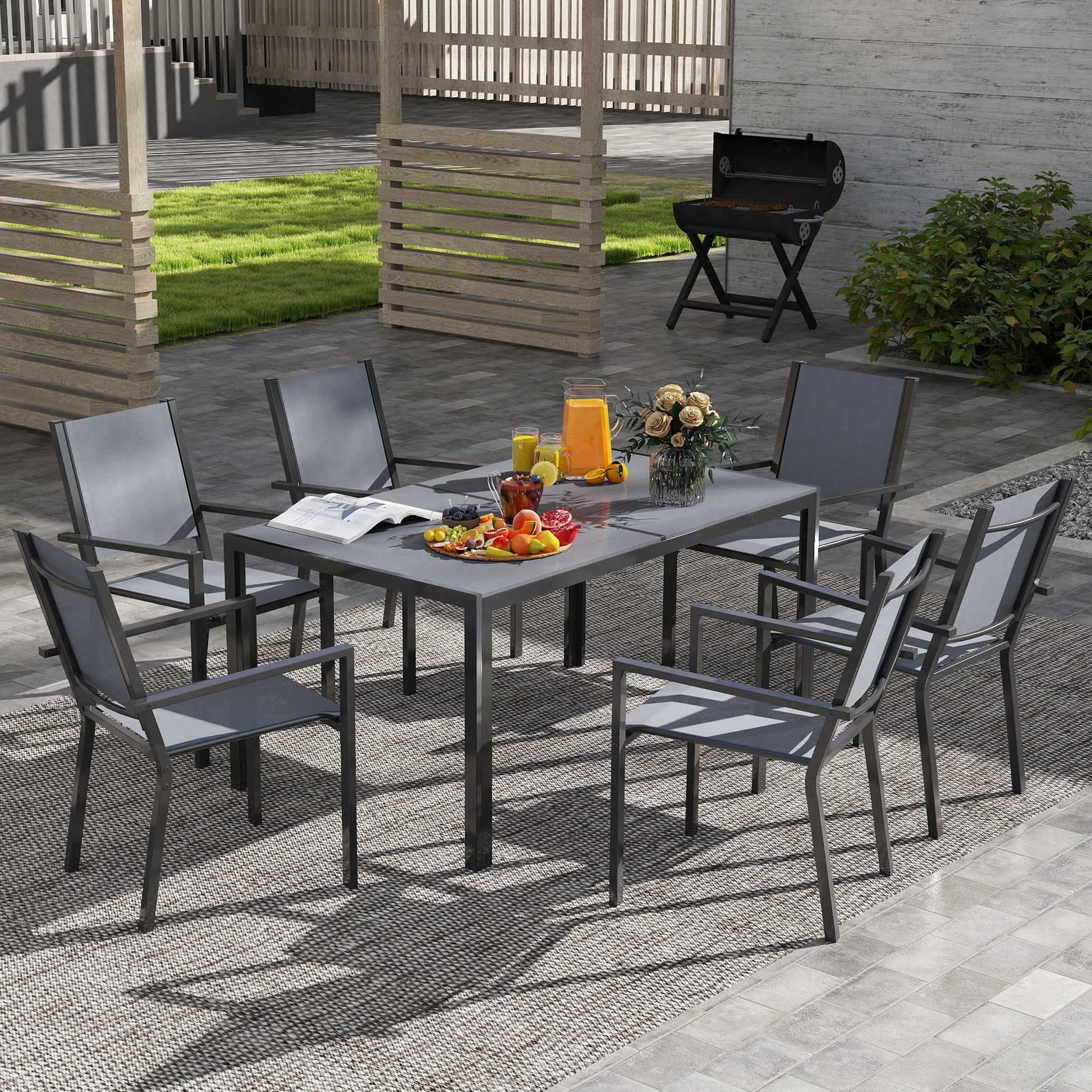 Aosom 7 Piece Outdoor Dining Set - 59" Table & 6 Stackable Chairs-DECOROLALA