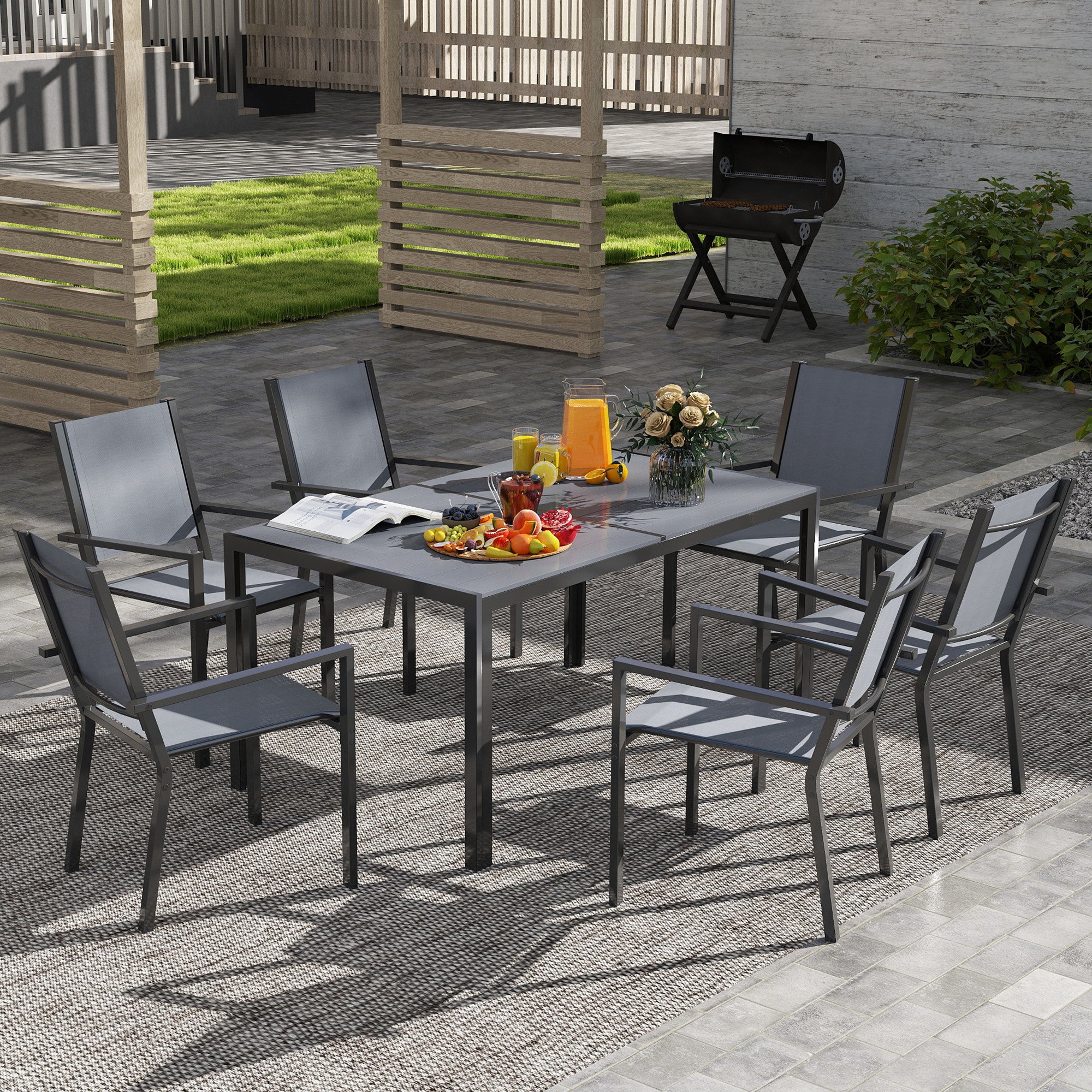 Aosom 7 Piece Outdoor Dining Set - 59" Table & 6 Stackable Chairs-DECOROLALA