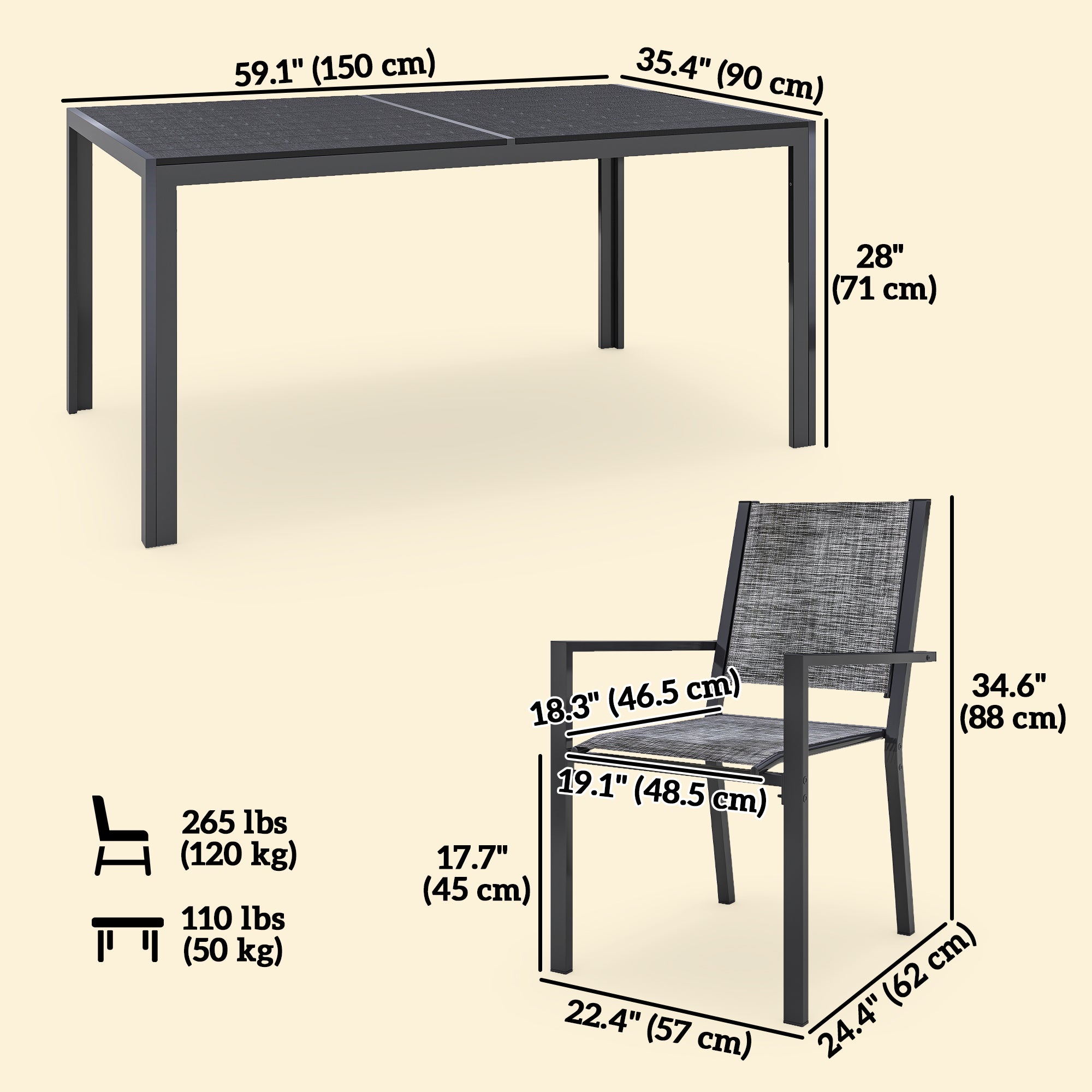 Aosom 7 Piece Outdoor Dining Set - 59" Table & 6 Stackable Chairs-DECOROLALA