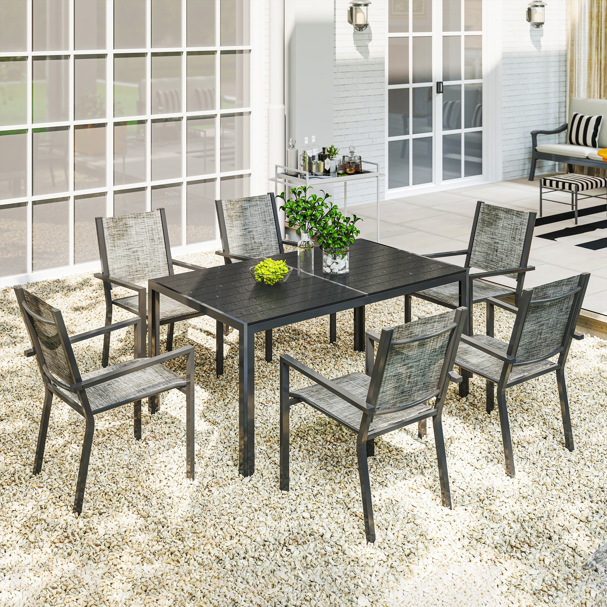 Aosom 7 Piece Outdoor Dining Set - 59" Table & 6 Stackable Chairs-DECOROLALA