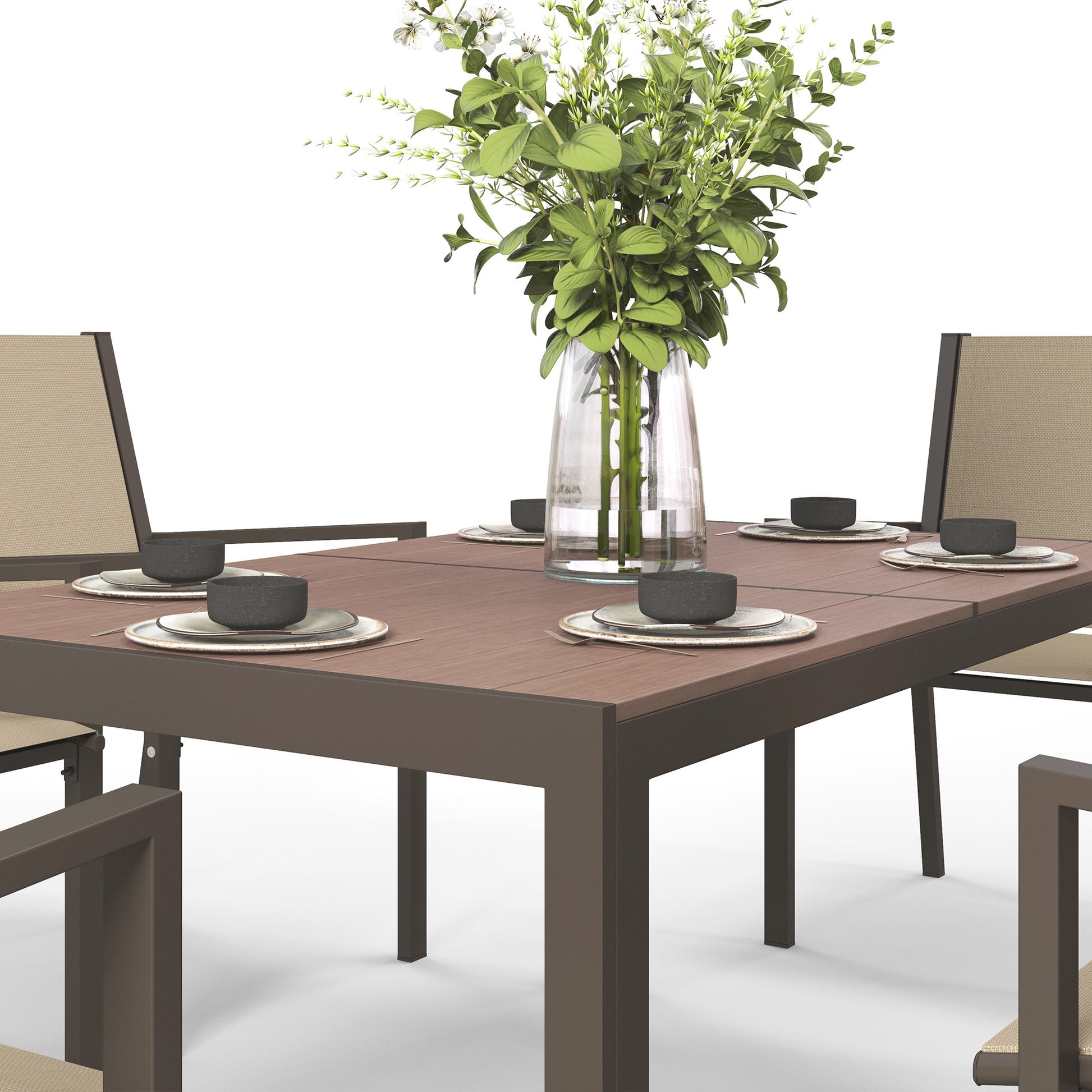 Aosom 7-Piece Outdoor Dining Set - Steel & Mesh Khaki/Brown-DECOROLALA