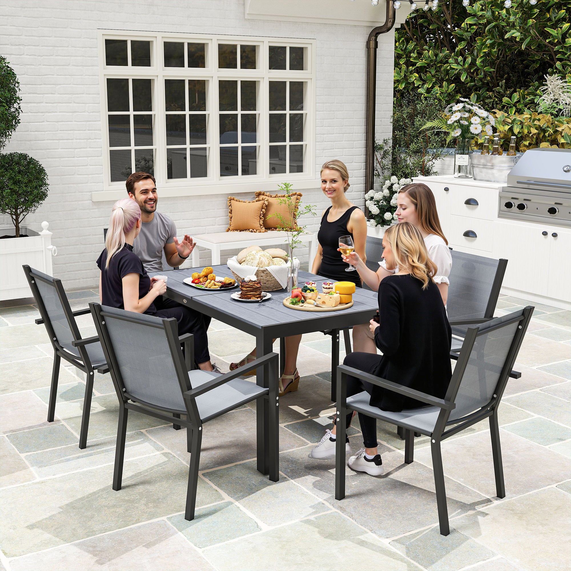 Aosom 7-Piece Outdoor Dining Set - Steel & Mesh Khaki/Brown-DECOROLALA