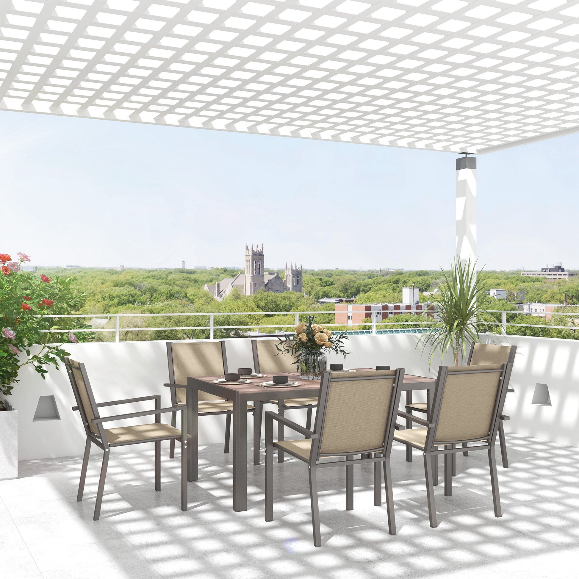Aosom 7-Piece Outdoor Dining Set - Steel & Mesh Khaki/Brown-DECOROLALA