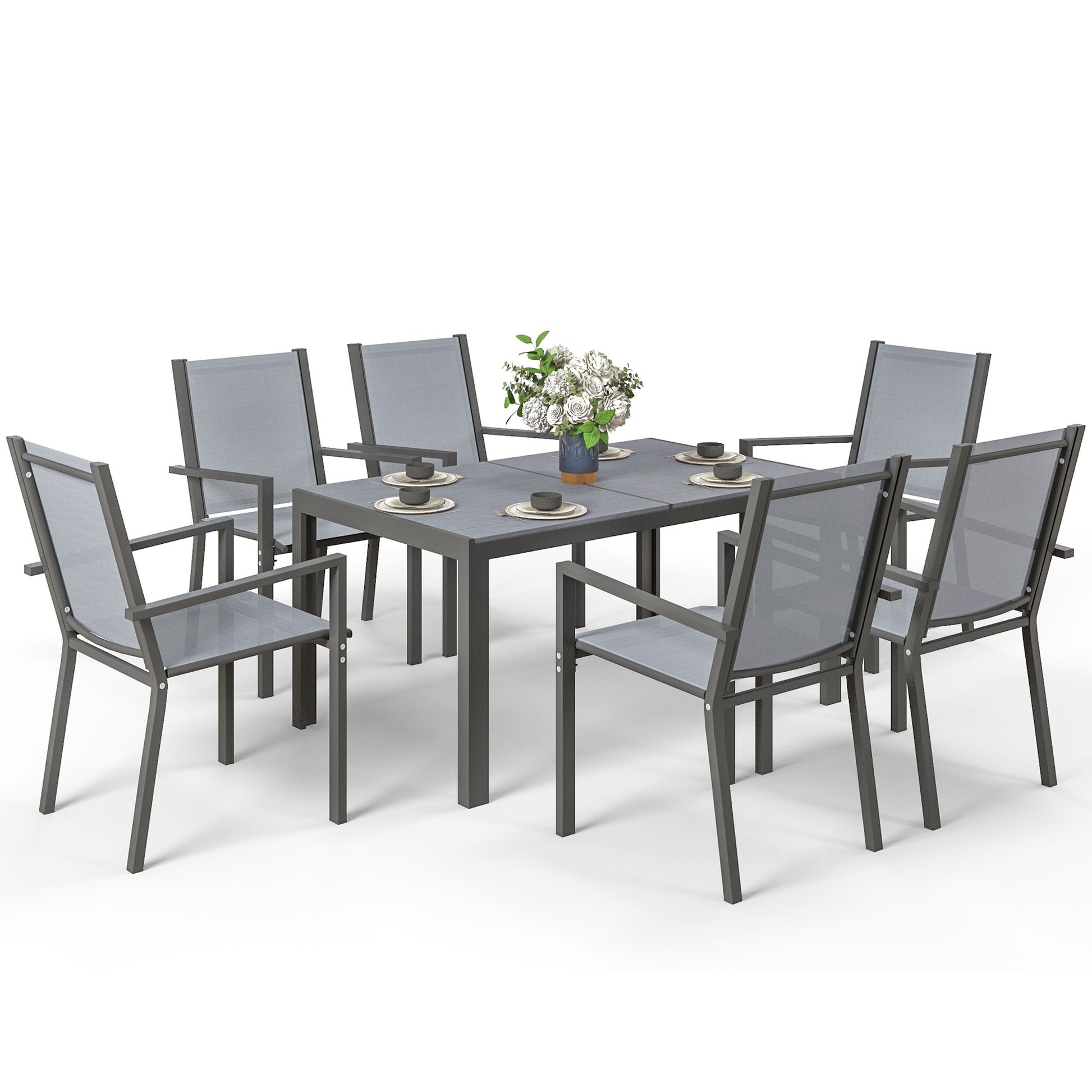 Aosom 7-Piece Outdoor Dining Set - Steel & Mesh Khaki/Brown-DECOROLALA