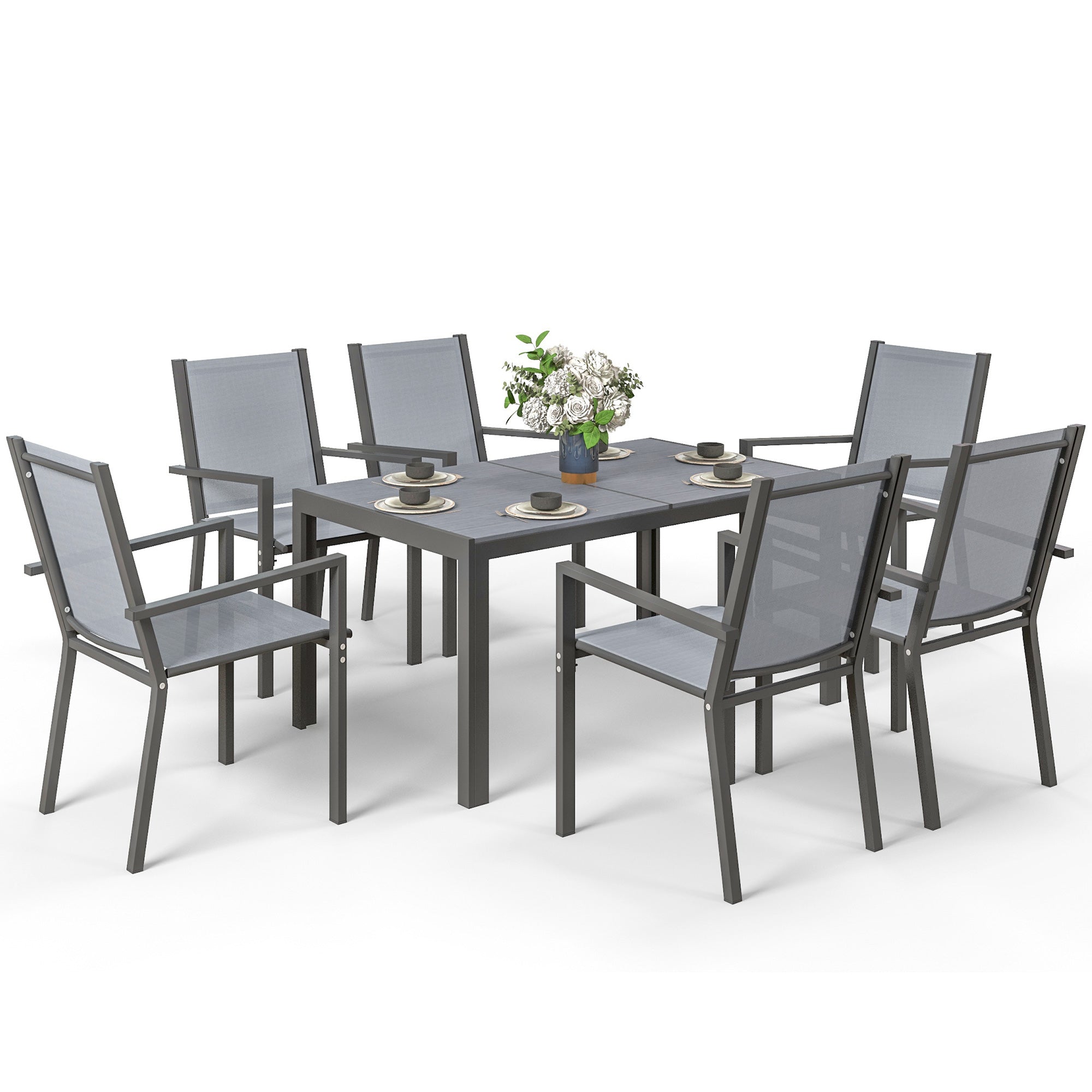 Aosom 7-Piece Outdoor Dining Set - Steel & Mesh Khaki/Brown-DECOROLALA