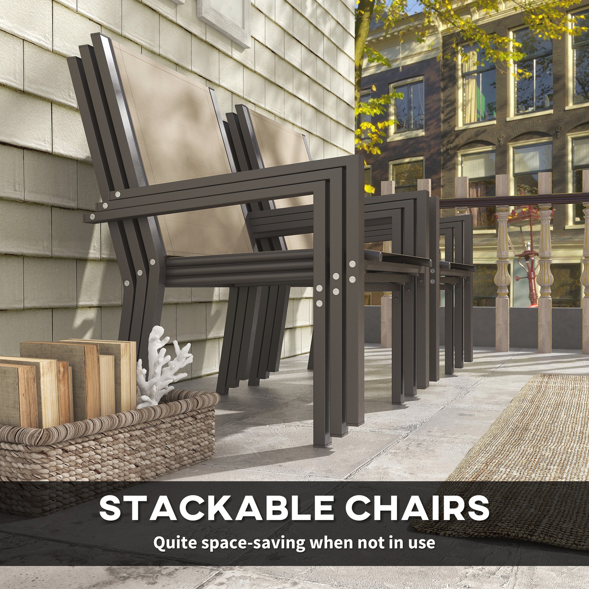Aosom 7-Piece Outdoor Dining Set - Steel & Mesh Khaki/Brown-DECOROLALA