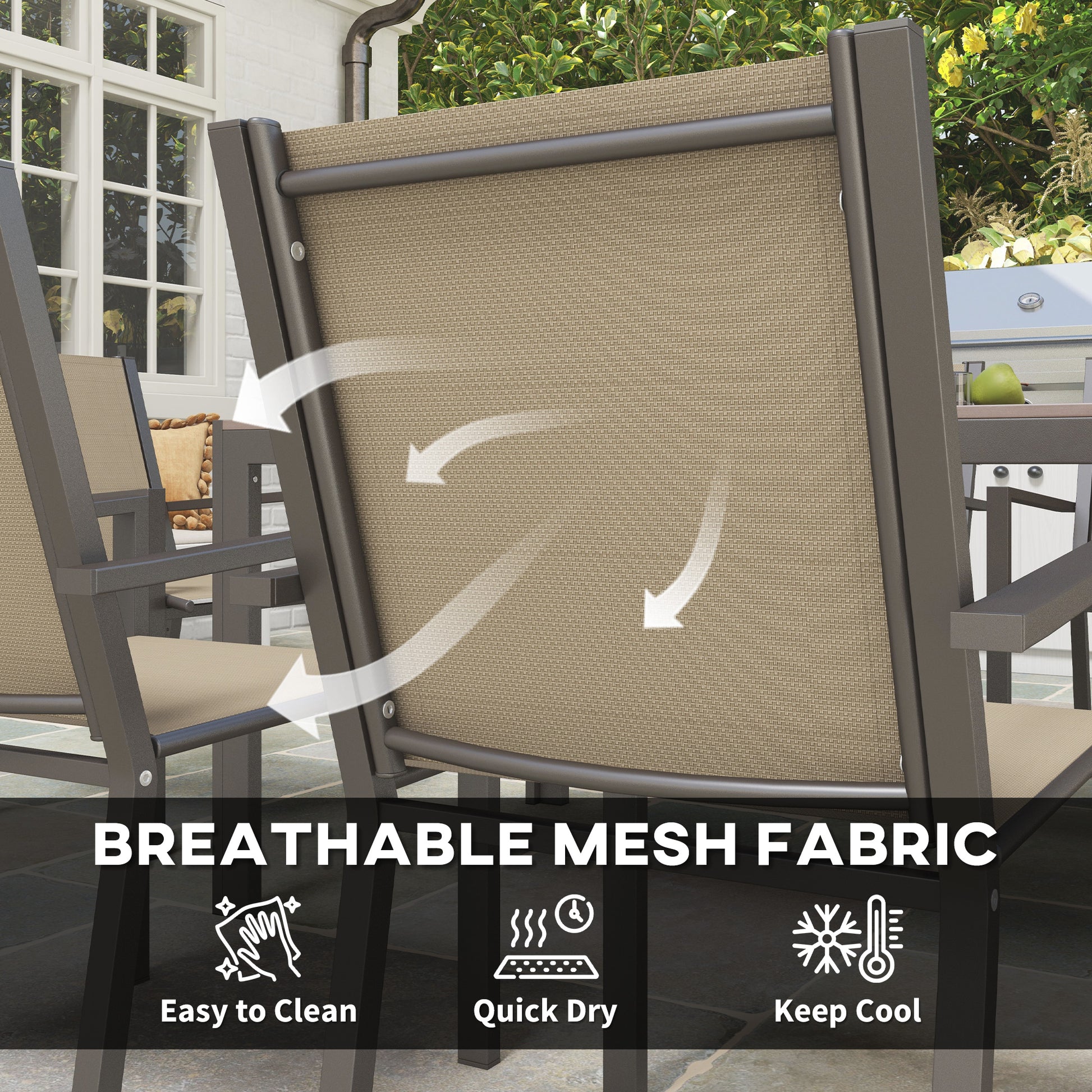 Aosom 7-Piece Outdoor Dining Set - Steel & Mesh Khaki/Brown-DECOROLALA
