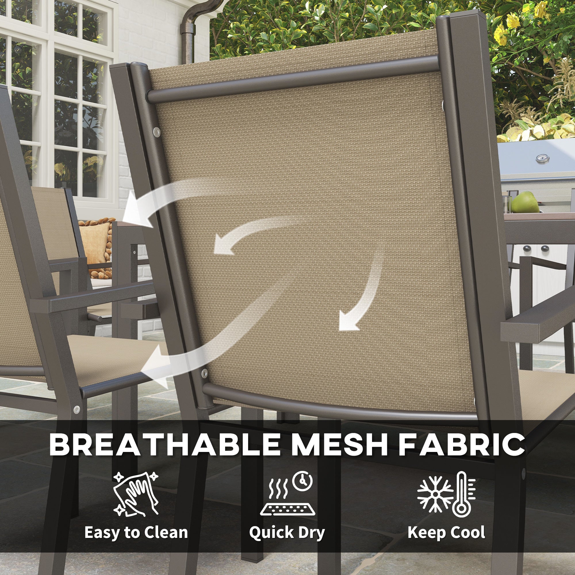 Aosom 7-Piece Outdoor Dining Set - Steel & Mesh Khaki/Brown-DECOROLALA