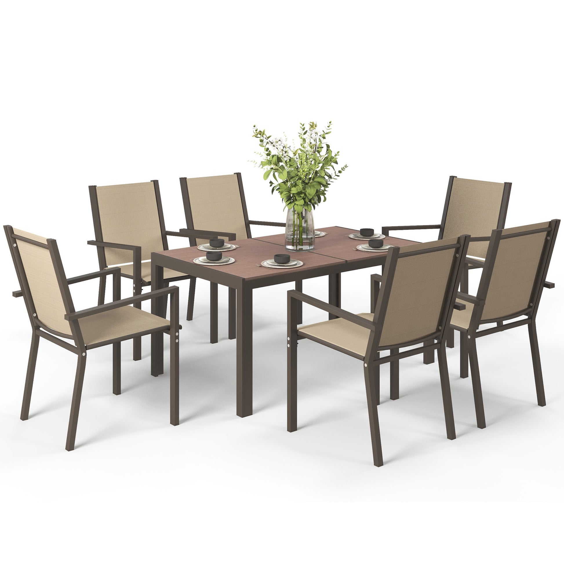 Aosom 7-Piece Outdoor Dining Set - Steel & Mesh Khaki/Brown-DECOROLALA