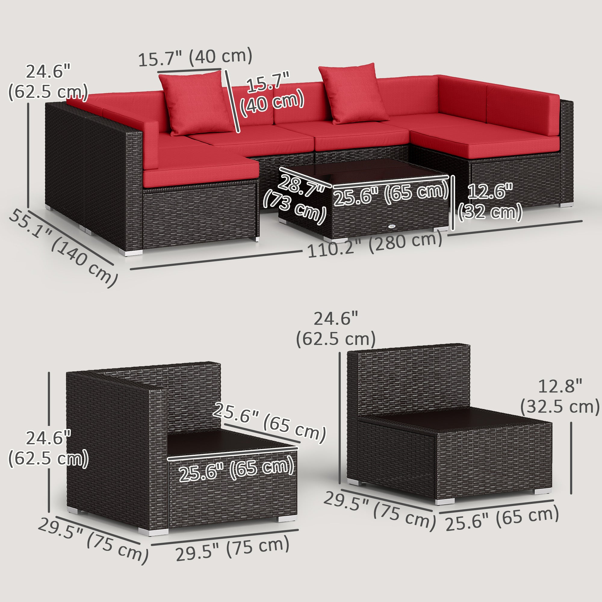 Aosom 7-Piece Patio Furniture Set Rattan Sofa Wine Red-DECOROLALA