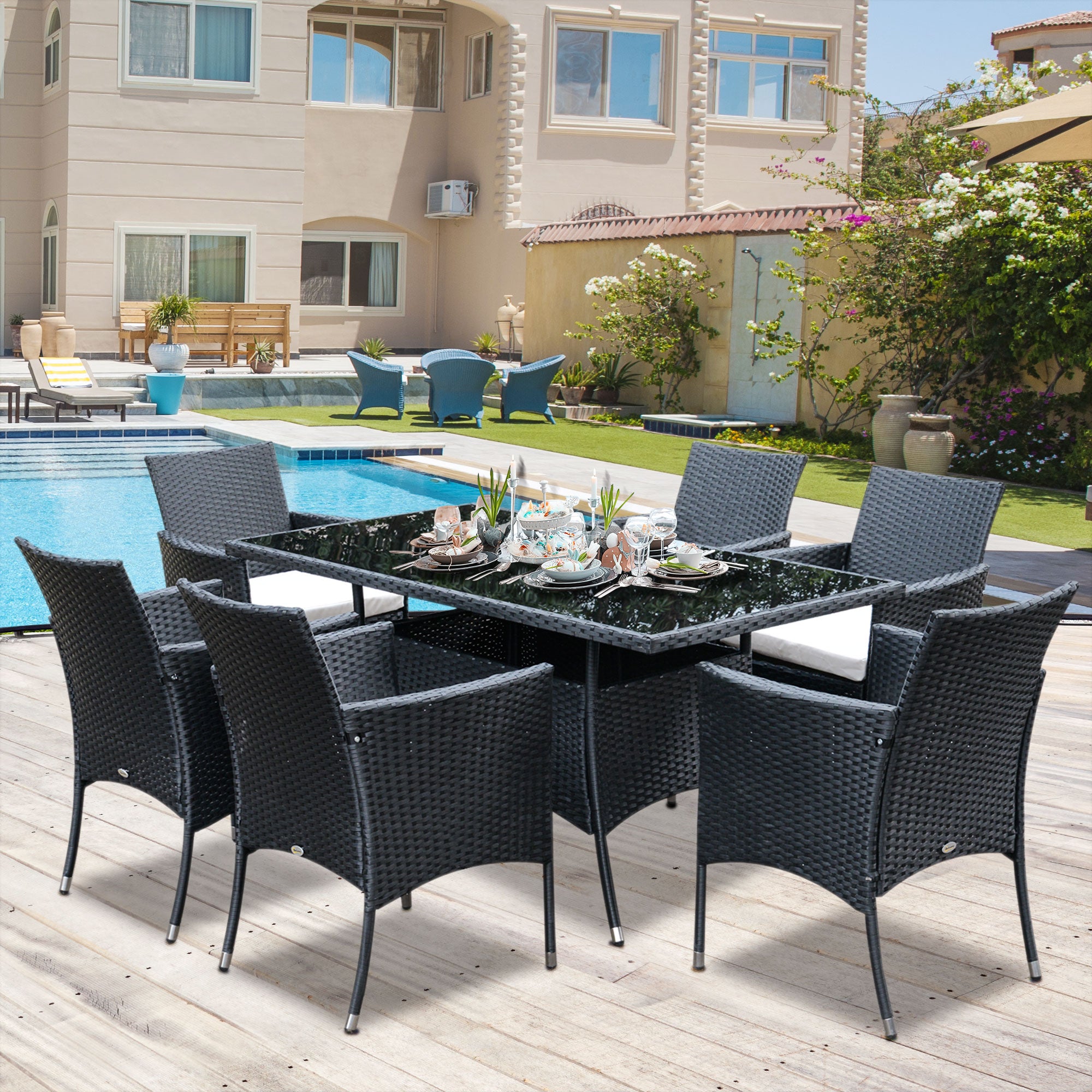 Aosom 7-Piece Rattan Dining Set with Cushions-DECOROLALA