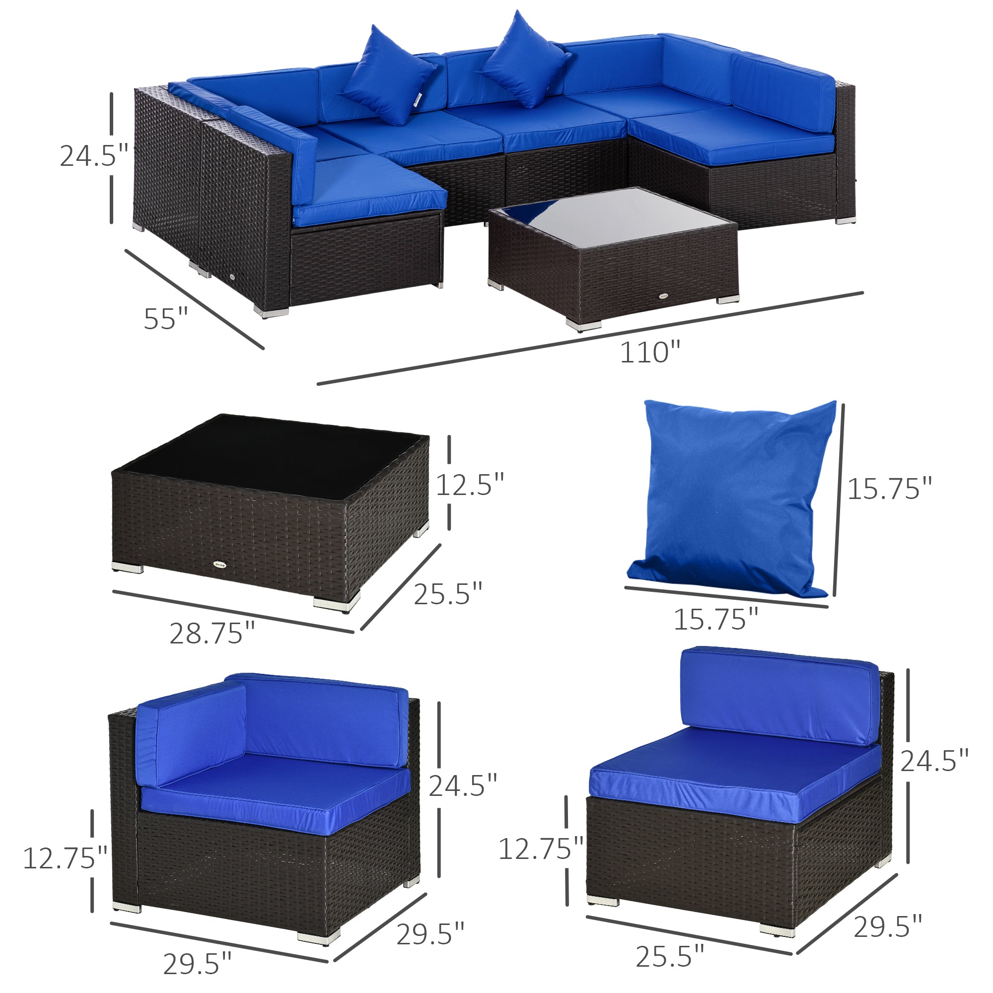 Aosom 7-Piece Rattan Patio Sectional Sofa Set - Blue-DECOROLALA