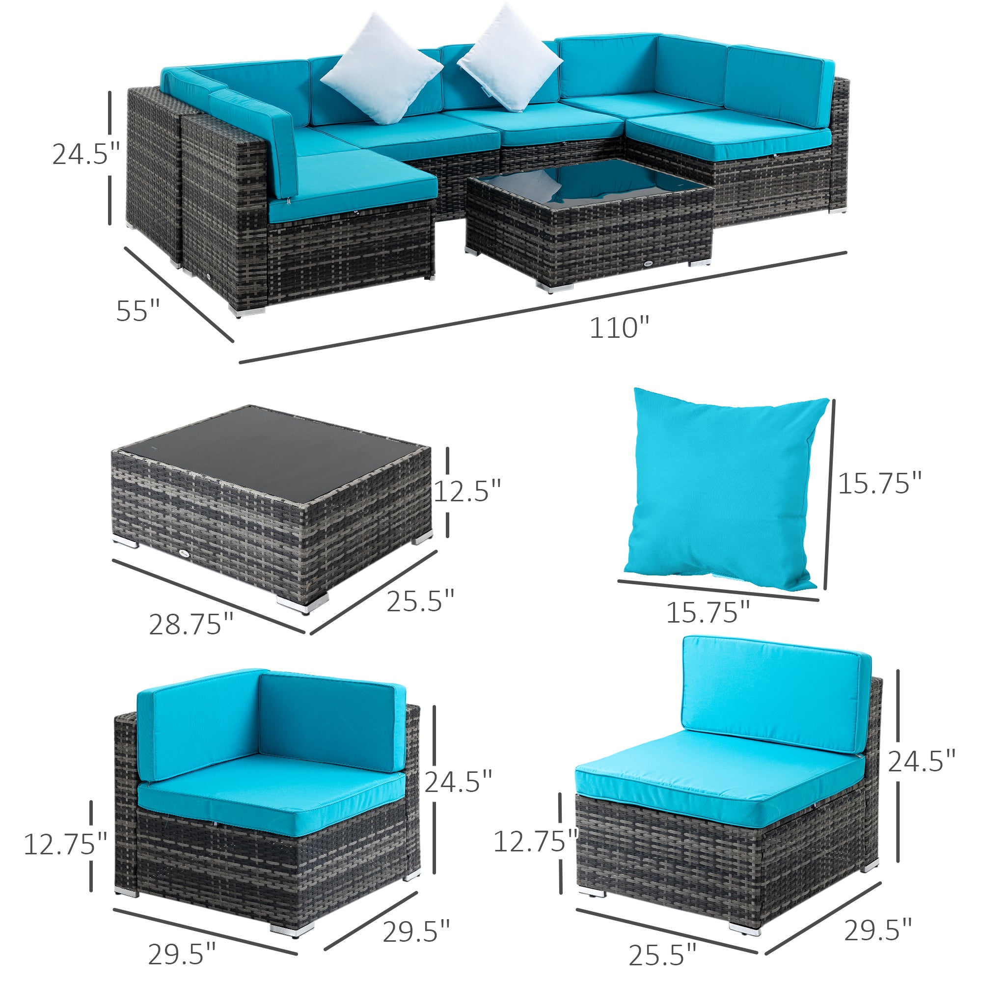 Aosom 7-Piece Rattan Patio Set - Sky Blue Cushions-DECOROLALA