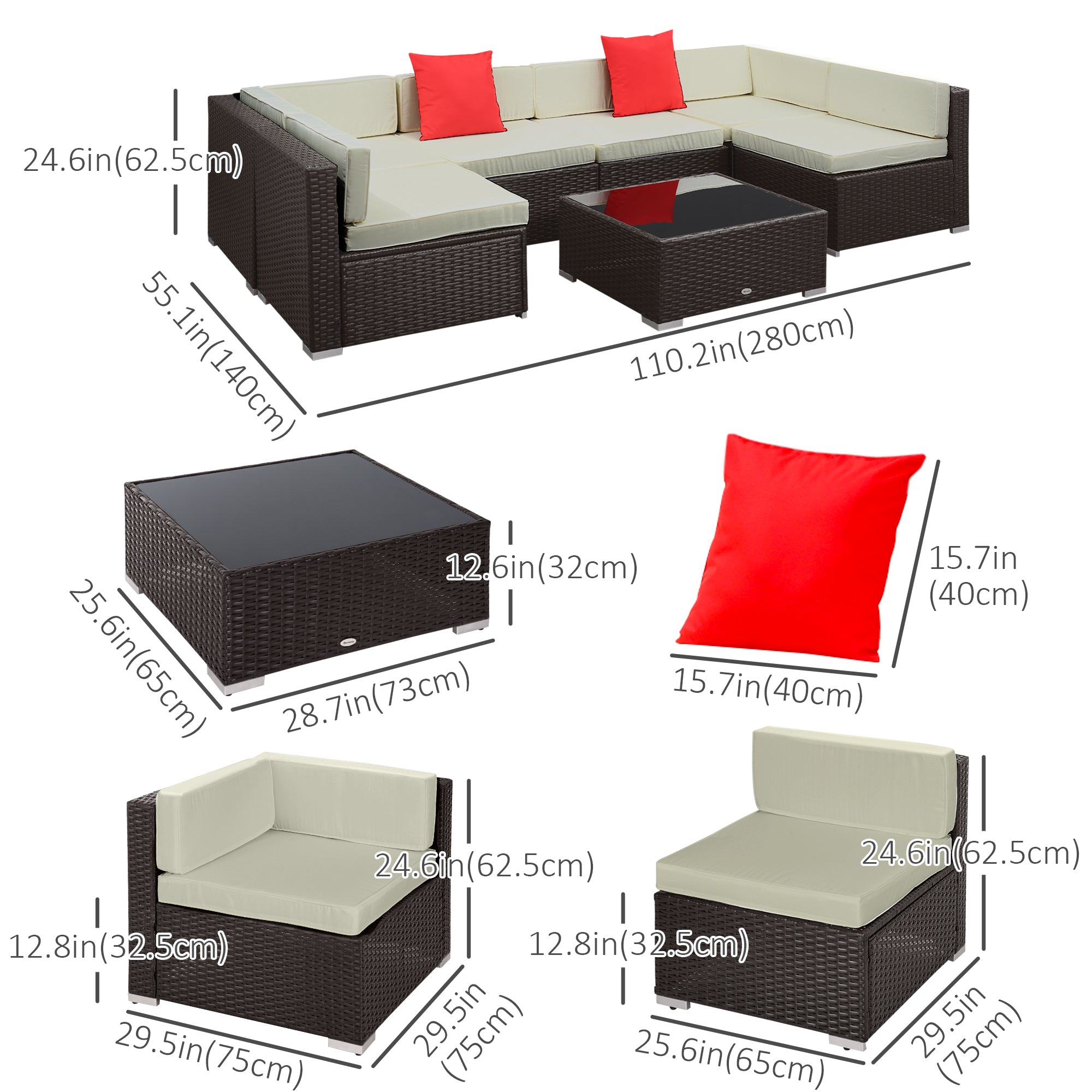 Aosom 7-Piece Wicker Sectional Sofa Dark Brown & Beige-DECOROLALA