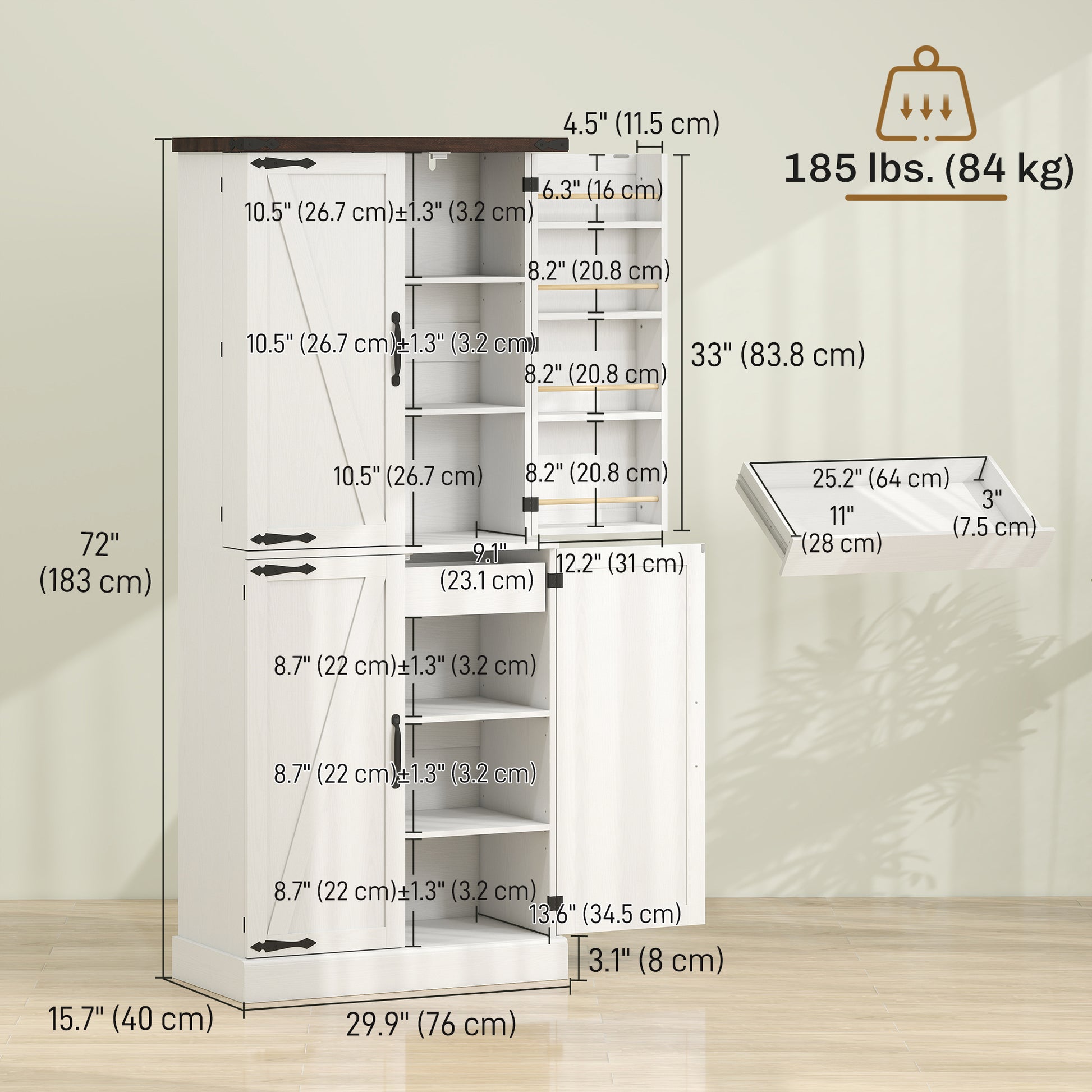 Aosom 72" Farmhouse Kitchen Pantry Cabinet - White Oak 8 Door Racks-Home Furnishings > Storage & Organization > Kitchen Pantry Cabinets-DECOROLALA
