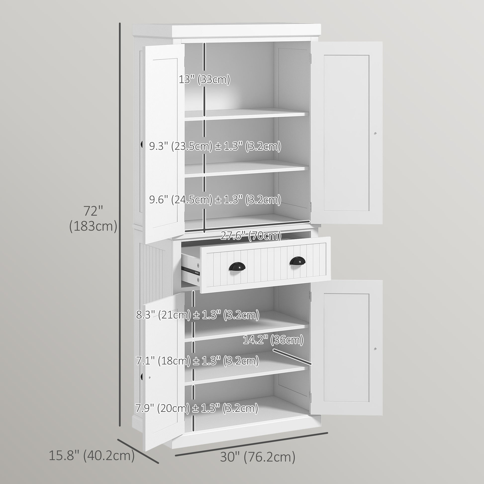 Aosom 72" Kitchen Pantry Cabinet - White with Adjustable Shelves & Drawer-DECOROLALA
