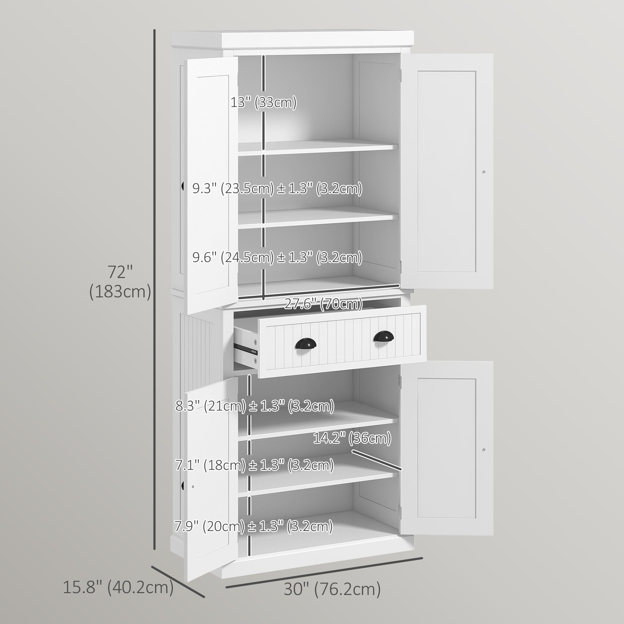 Aosom 72" Kitchen Pantry Cabinet - White with Adjustable Shelves & Drawer-DECOROLALA