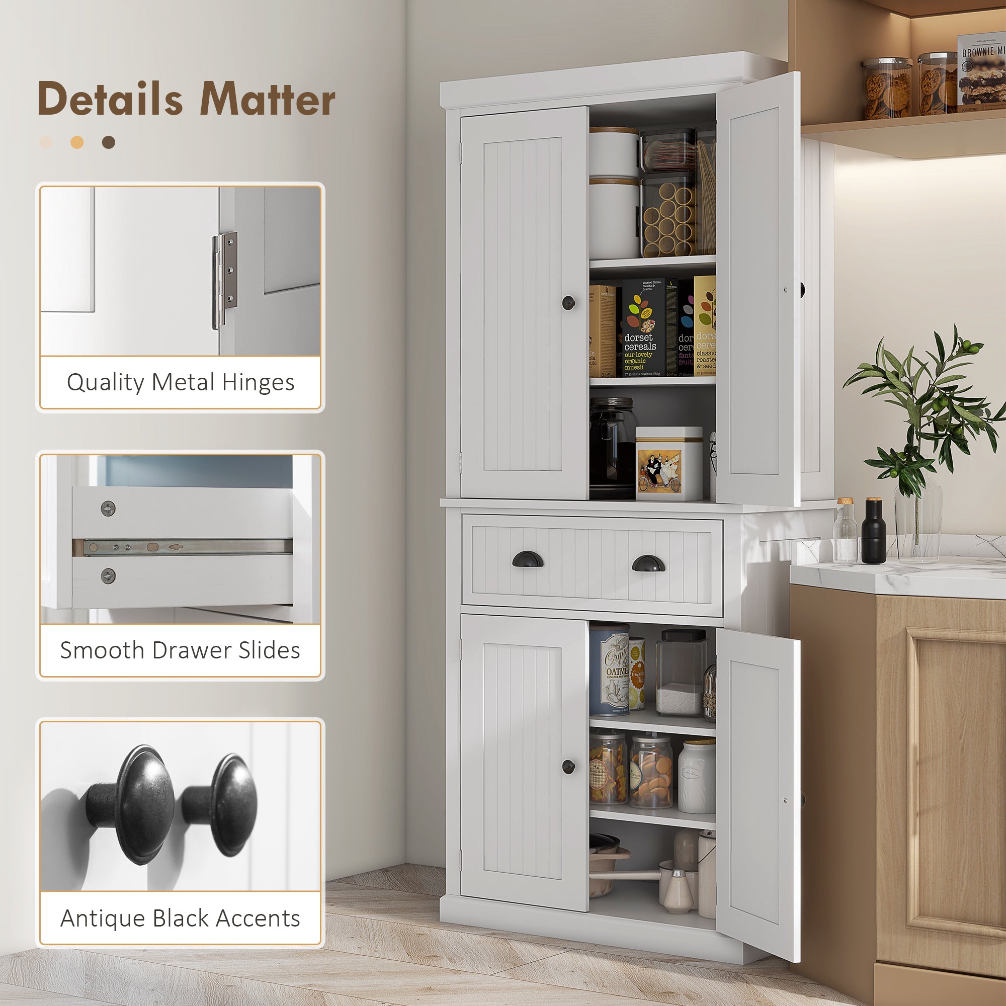 Aosom 72" Kitchen Pantry Cabinet - White with Adjustable Shelves & Drawer-DECOROLALA
