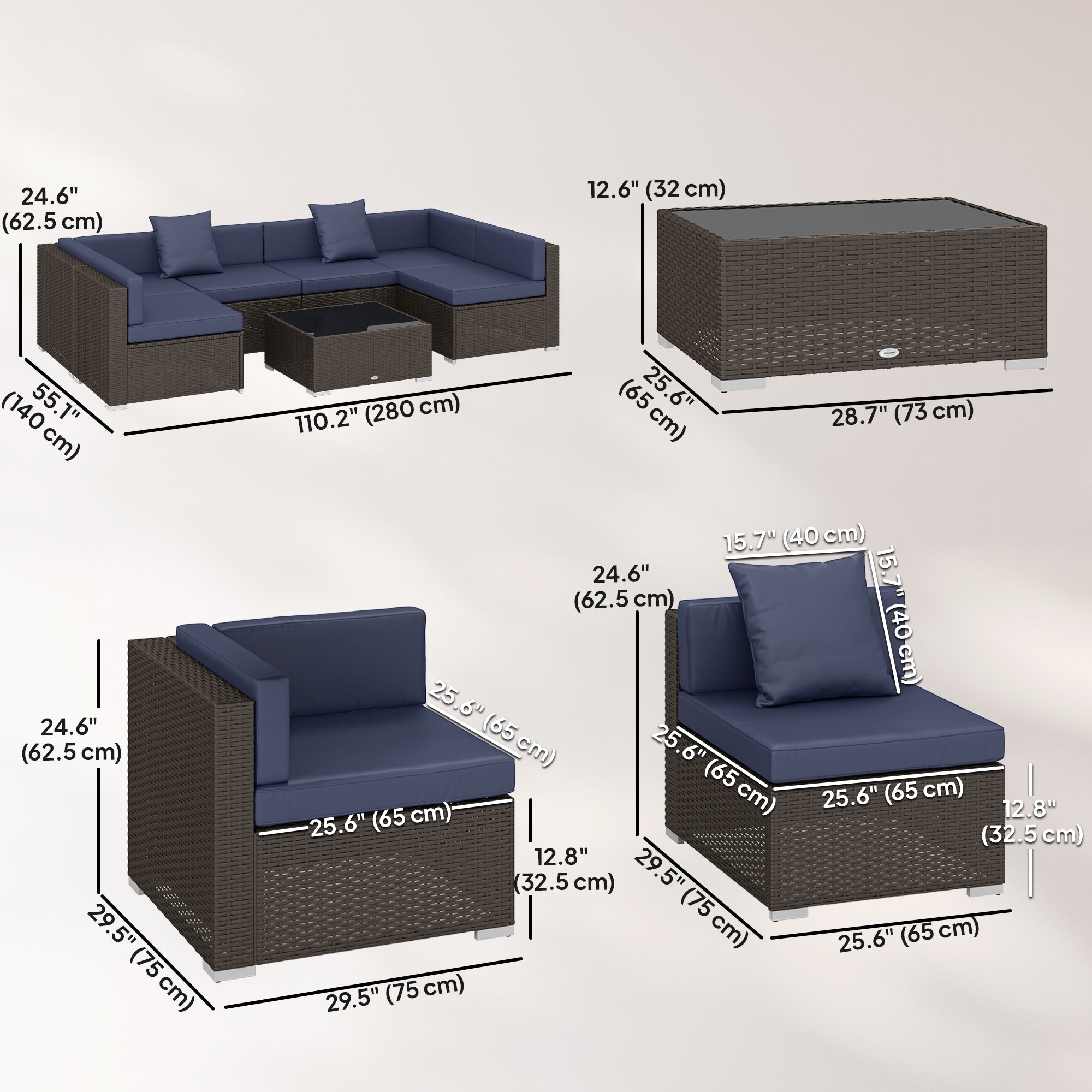 Aosom 7pc Wicker Sectional Set w/ Tea Table Navy Blue-DECOROLALA