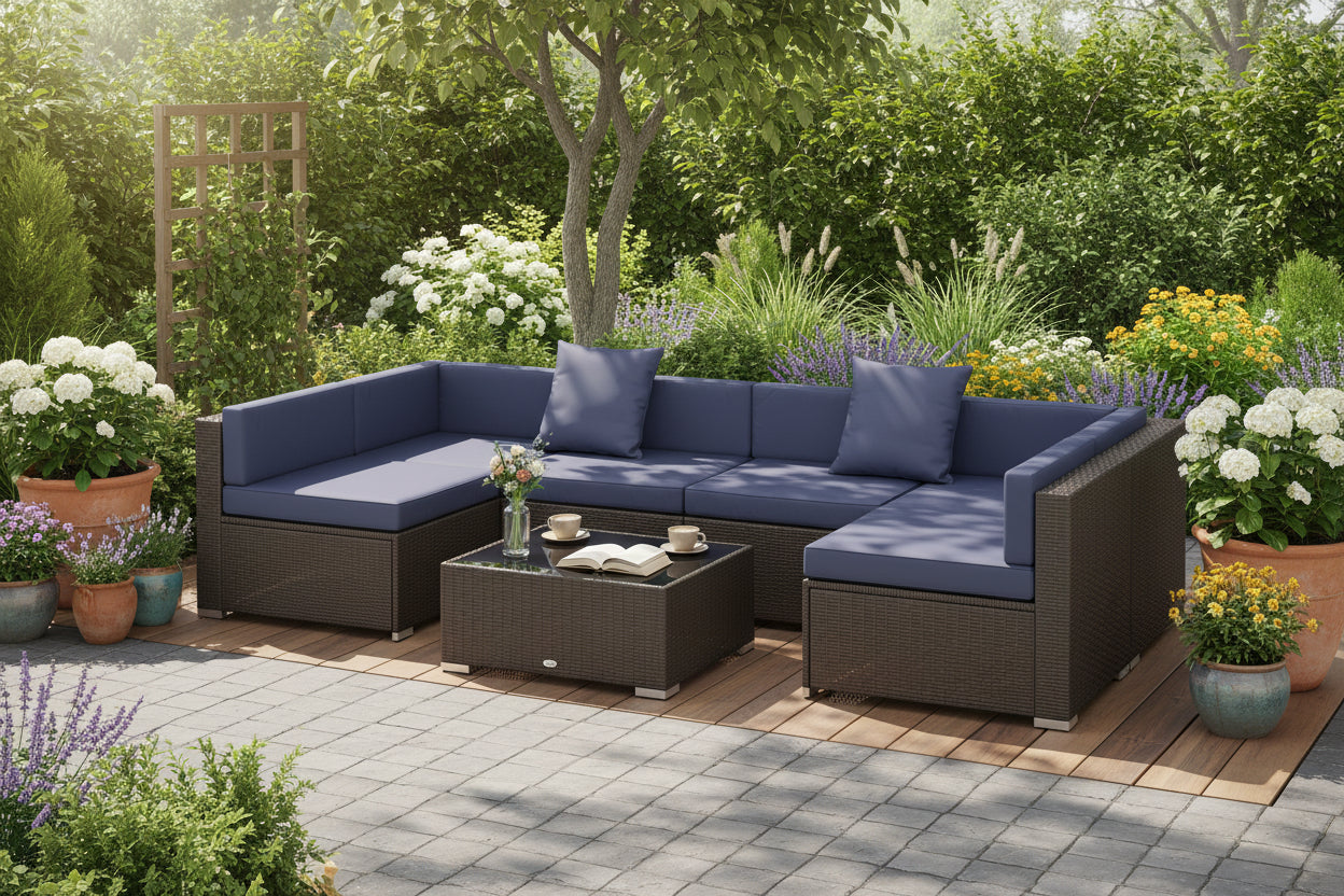 Aosom 7pc Wicker Sectional Set w/ Tea Table Navy Blue-DECOROLALA