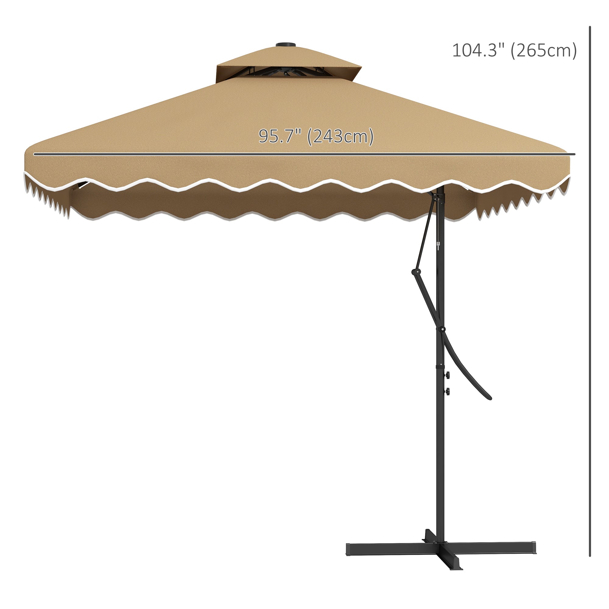 Aosom 8'x8' Solar LED Patio Umbrella - Khaki with Ruffles, Offset Design-DECOROLALA