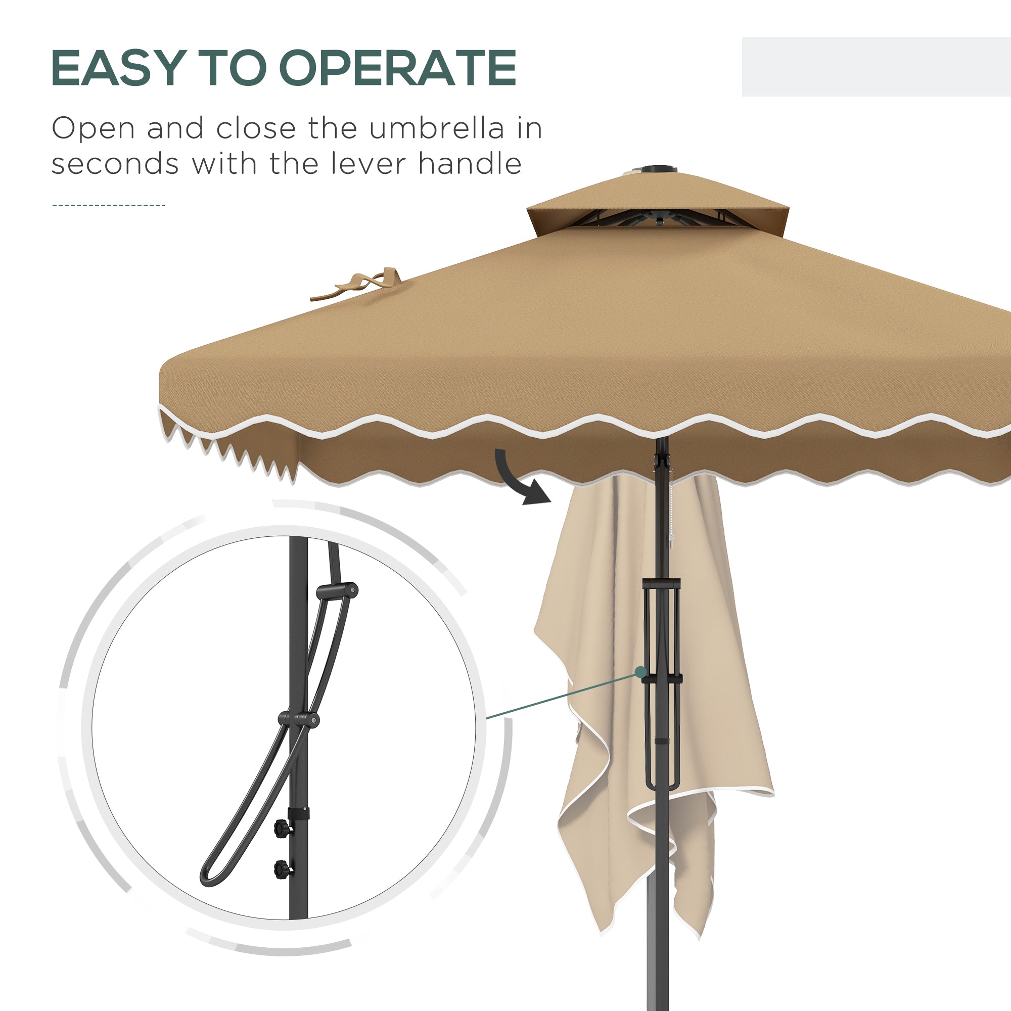 Aosom 8'x8' Solar LED Patio Umbrella - Khaki with Ruffles, Offset Design-DECOROLALA