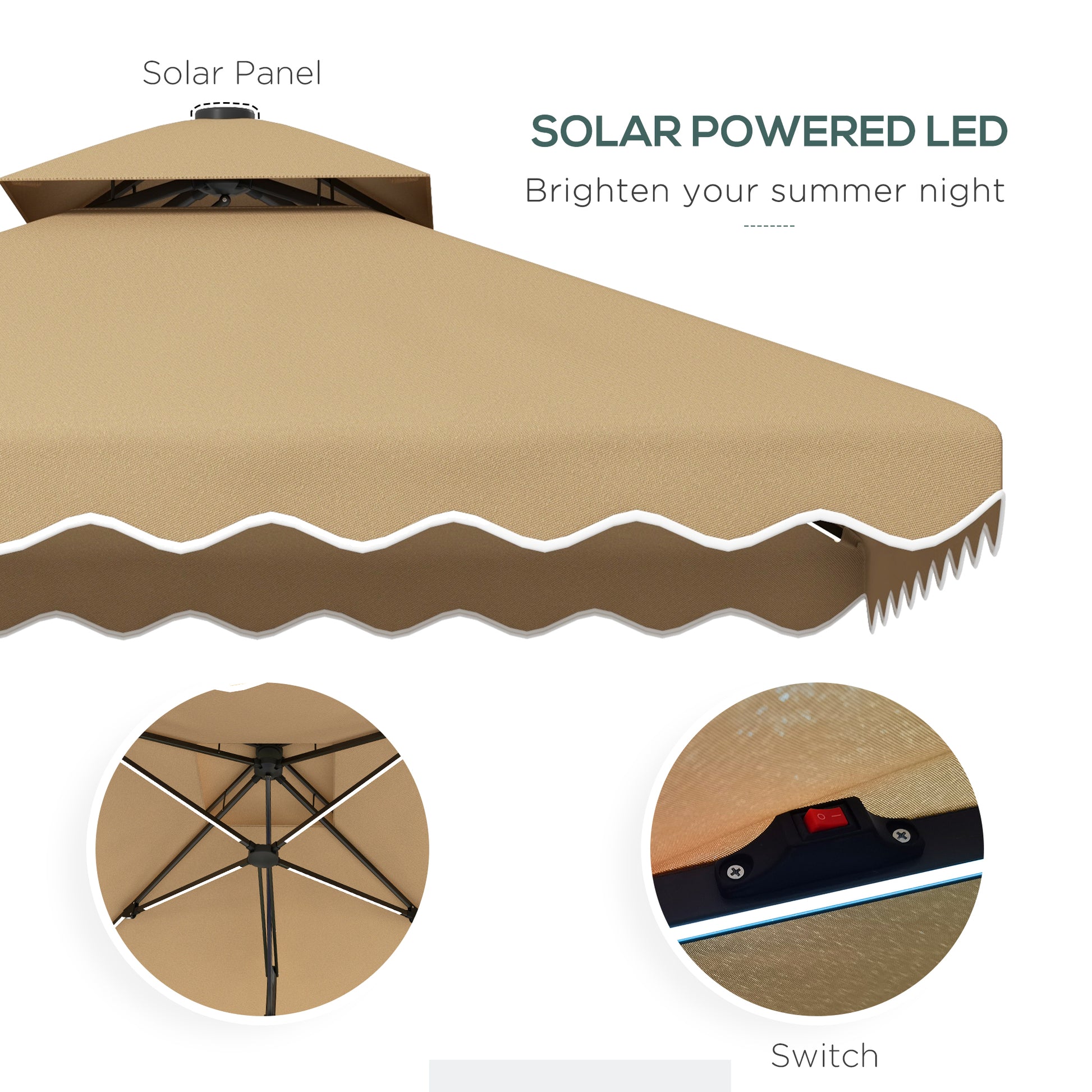Aosom 8'x8' Solar LED Patio Umbrella - Khaki with Ruffles, Offset Design-DECOROLALA