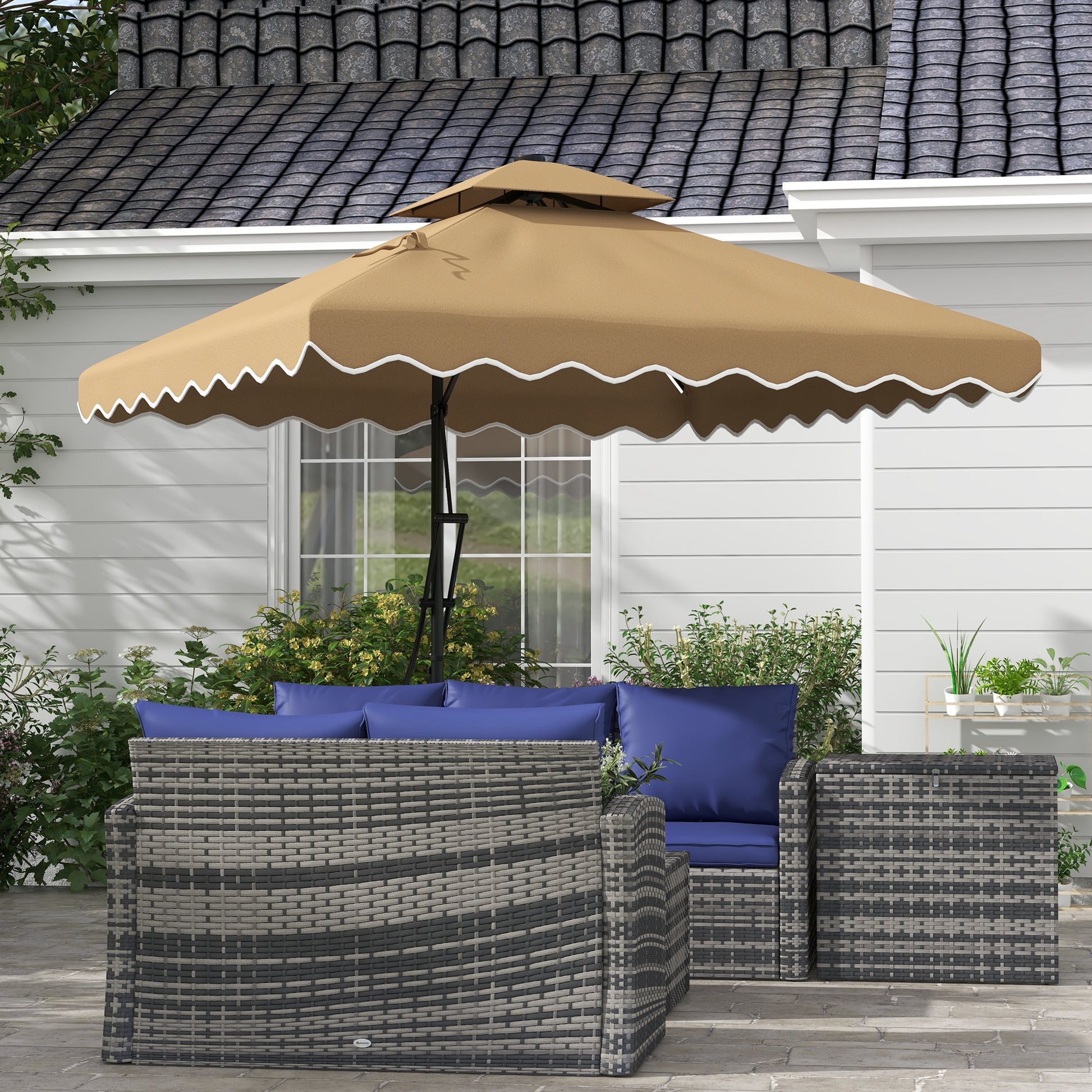 Aosom 8'x8' Solar LED Patio Umbrella - Khaki with Ruffles, Offset Design-DECOROLALA