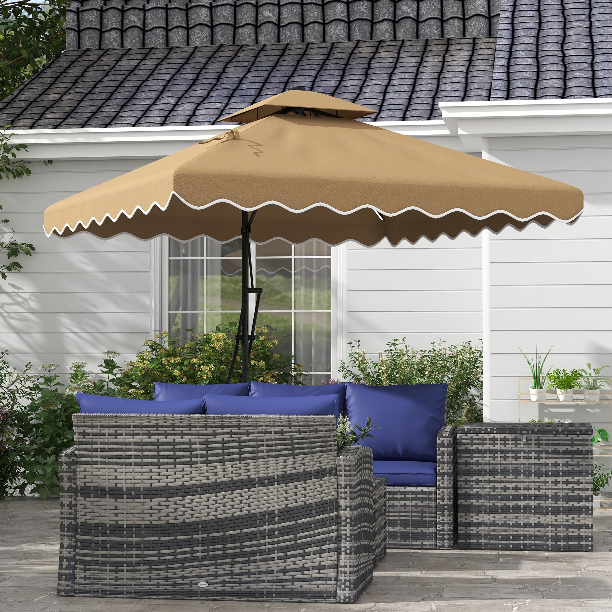 Aosom 8'x8' Solar LED Patio Umbrella - Khaki with Ruffles, Offset Design-DECOROLALA