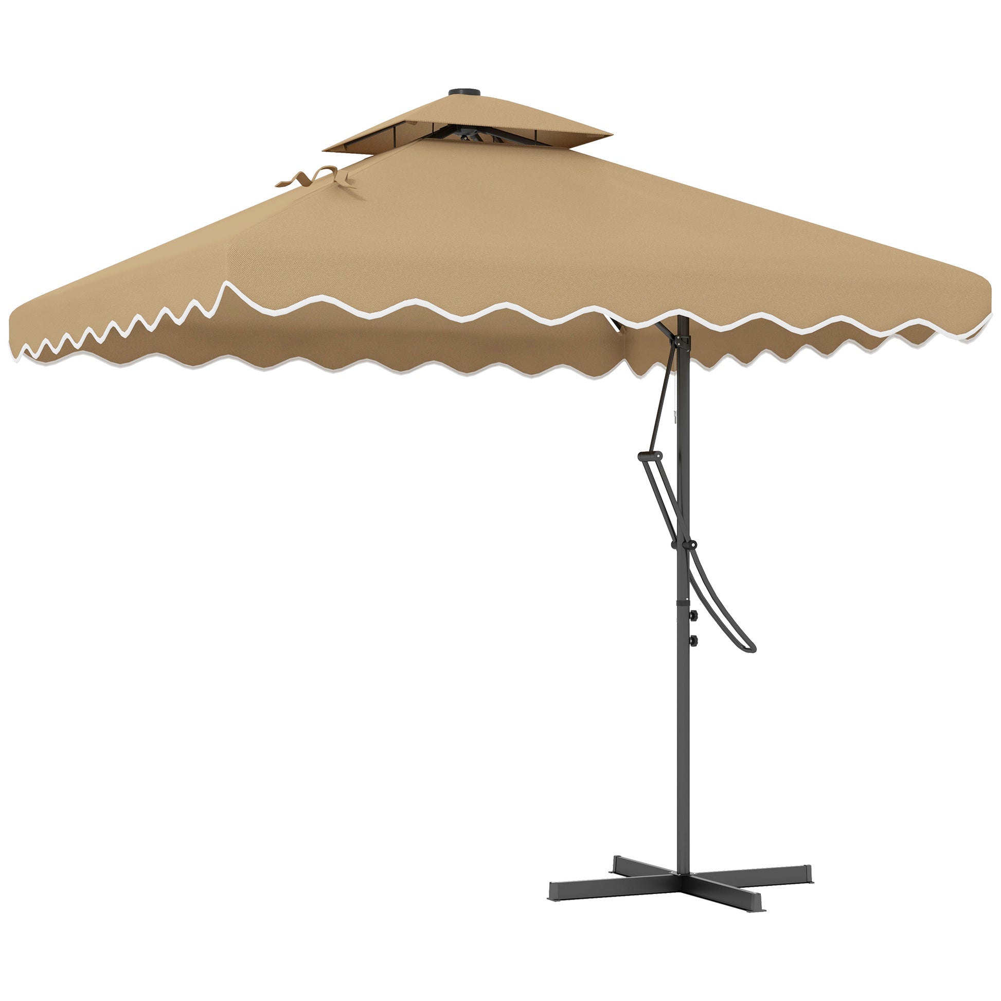 Aosom 8'x8' Solar LED Patio Umbrella - Khaki with Ruffles, Offset Design-DECOROLALA