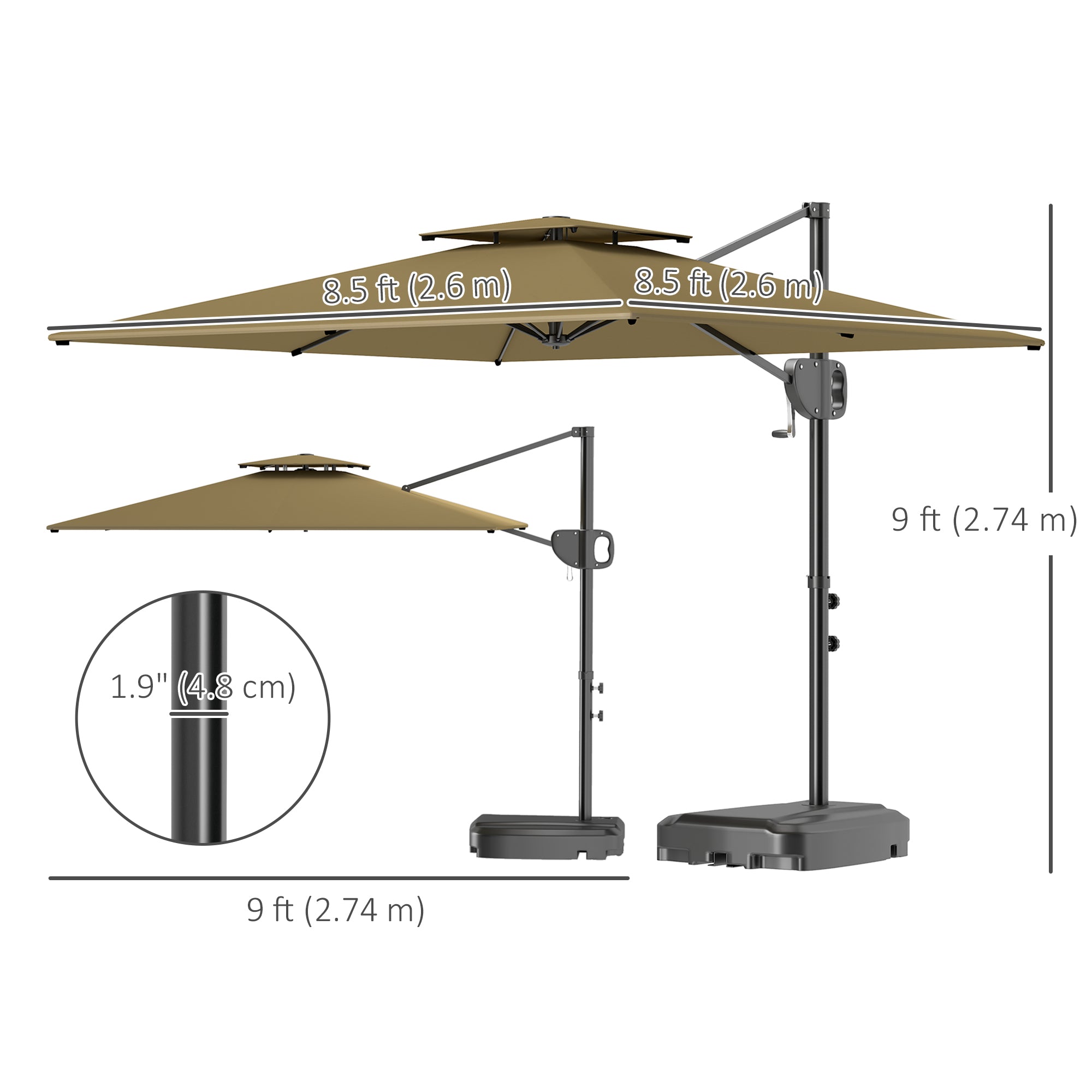 Aosom 8'x9' Patio Umbrella - Khaki, UV Protection, Crank & Tilt, Stable Base-DECOROLALA