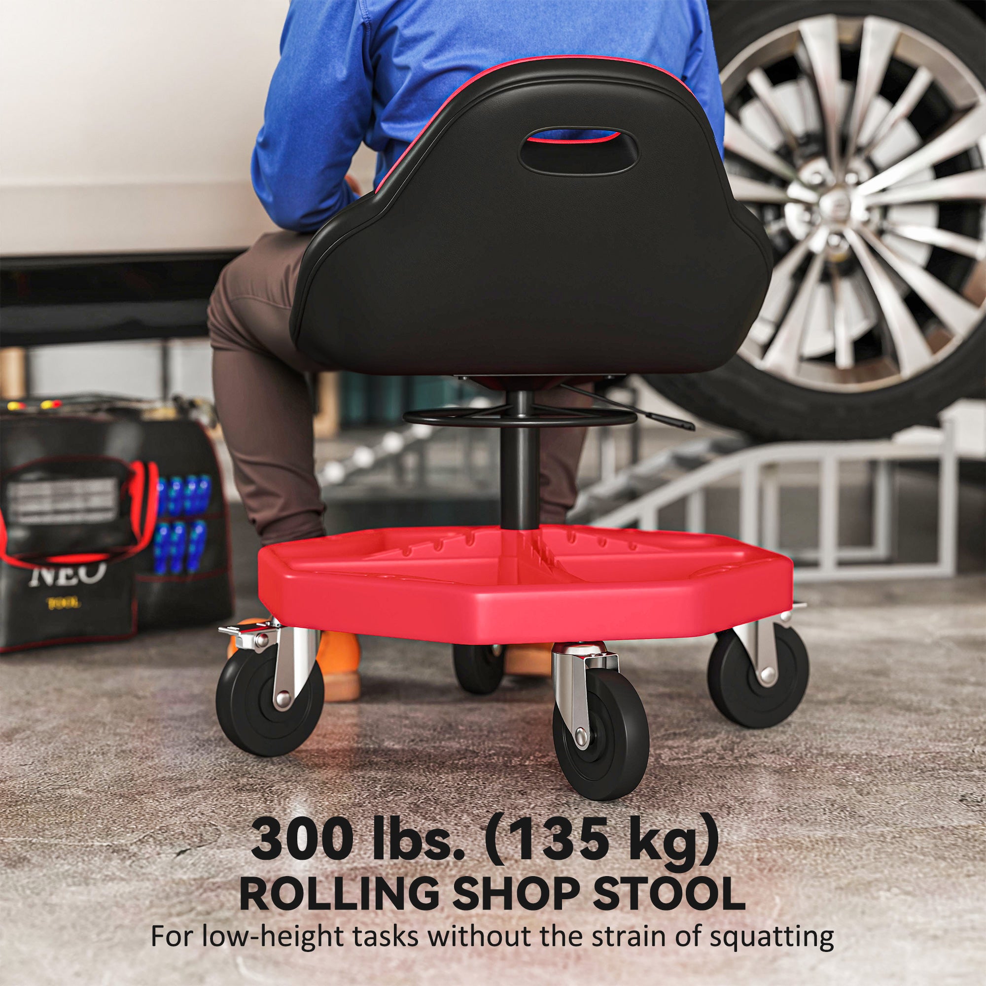 Aosom Adjustable Rolling Garage Mechanic Stool - Red 300 lbs-Home Improvement > Tools-DECOROLALA