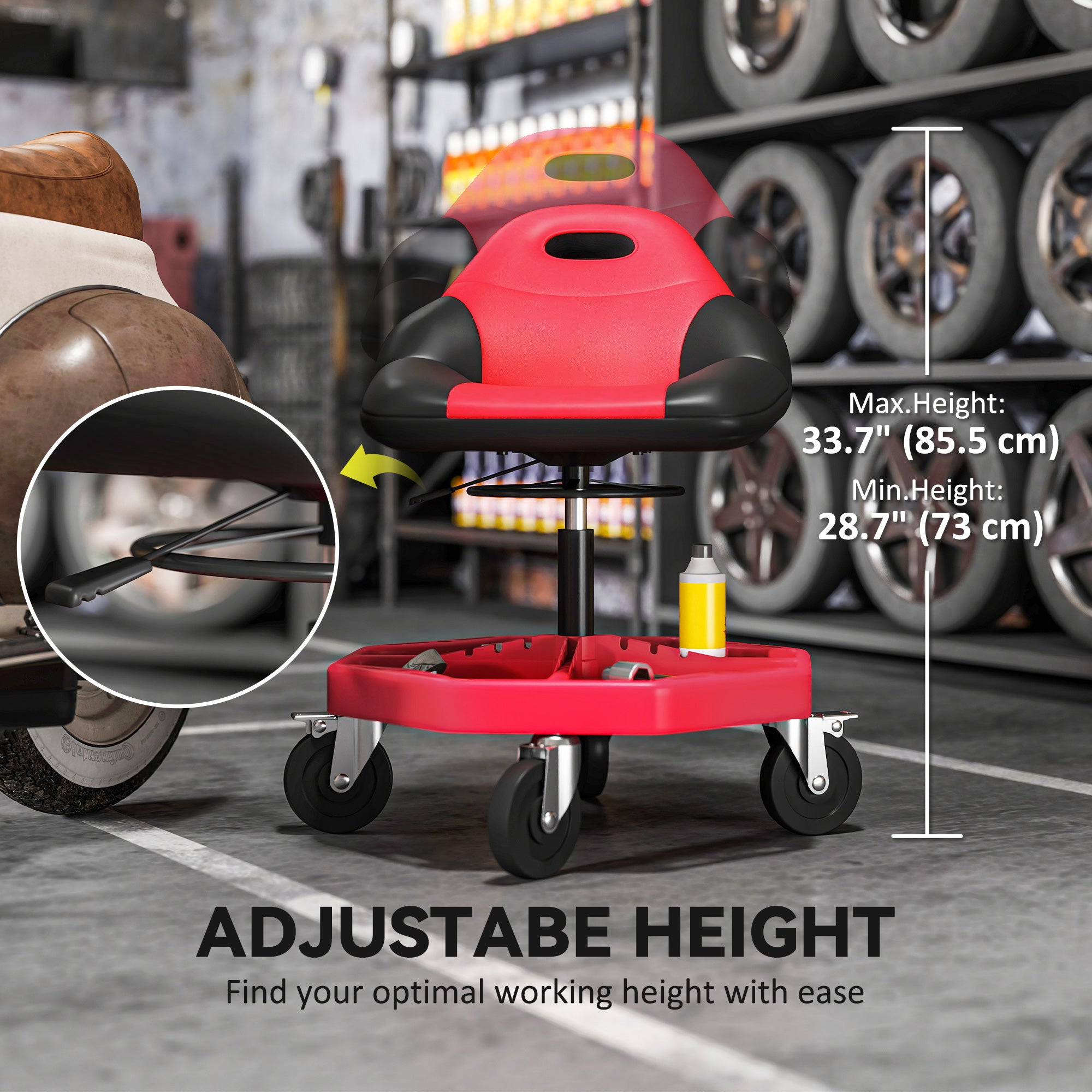 Aosom Adjustable Rolling Garage Mechanic Stool - Red 300 lbs-Home Improvement > Tools-DECOROLALA